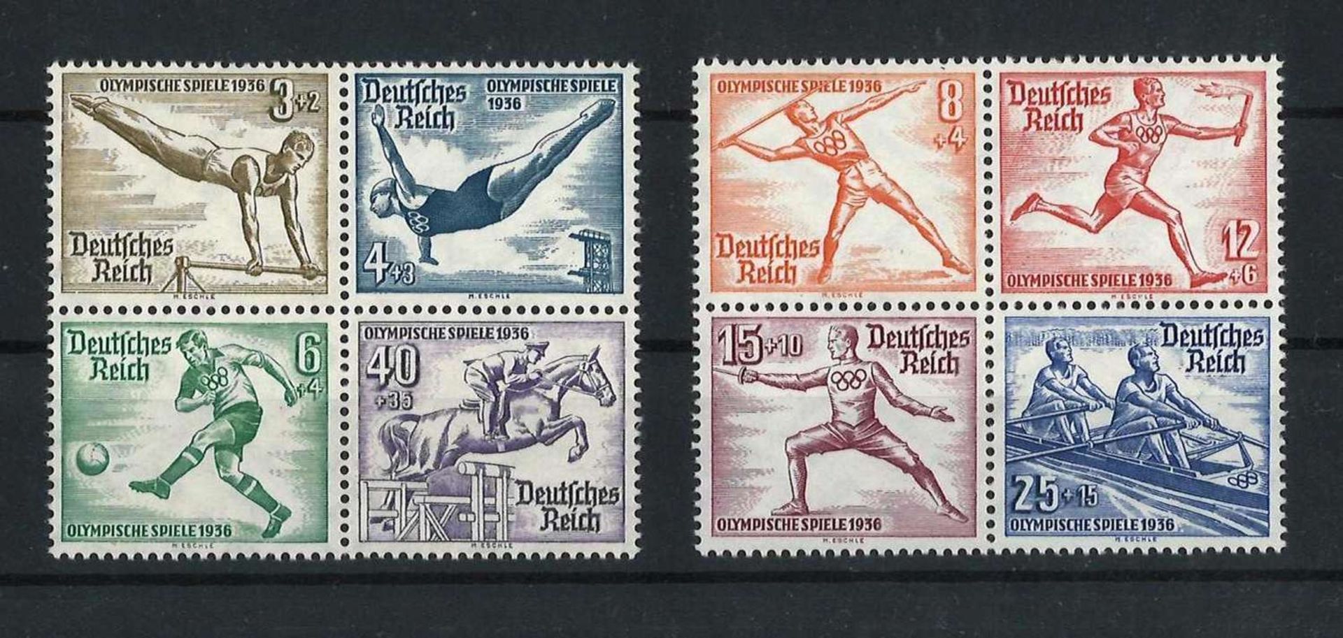 Dt. Reich 1936, Viererblöcke, Mi 624 - 627, 628 - 631, Mittelstücke aus Bl 5x + 6, postfrischDt.