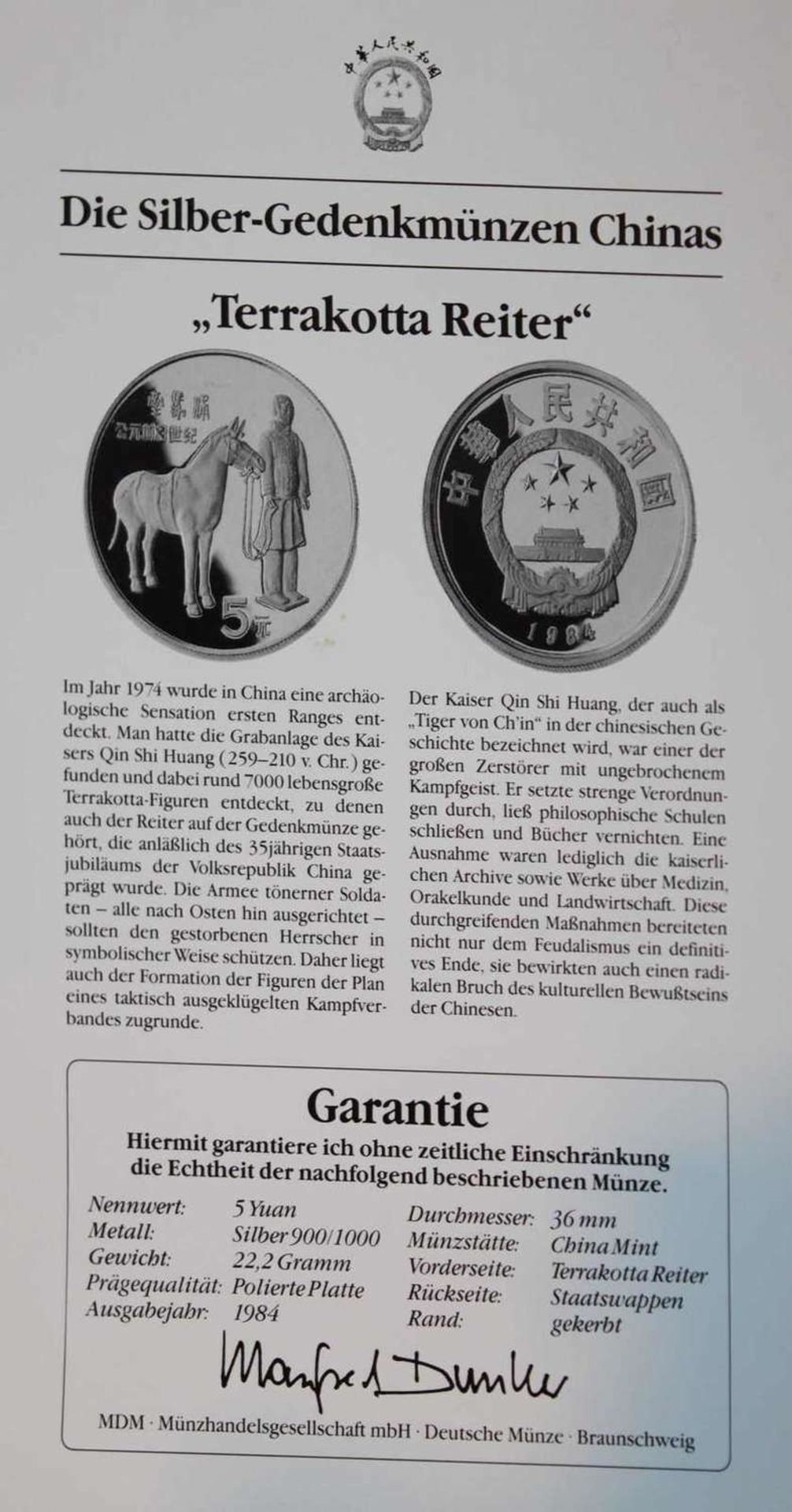 China 1984, 5 Yuan - Silbermünze "Terrakotta - Reiter". Silber 900. Gewicht: 22,2 gr.. In Kapsel. - Bild 2 aus 2