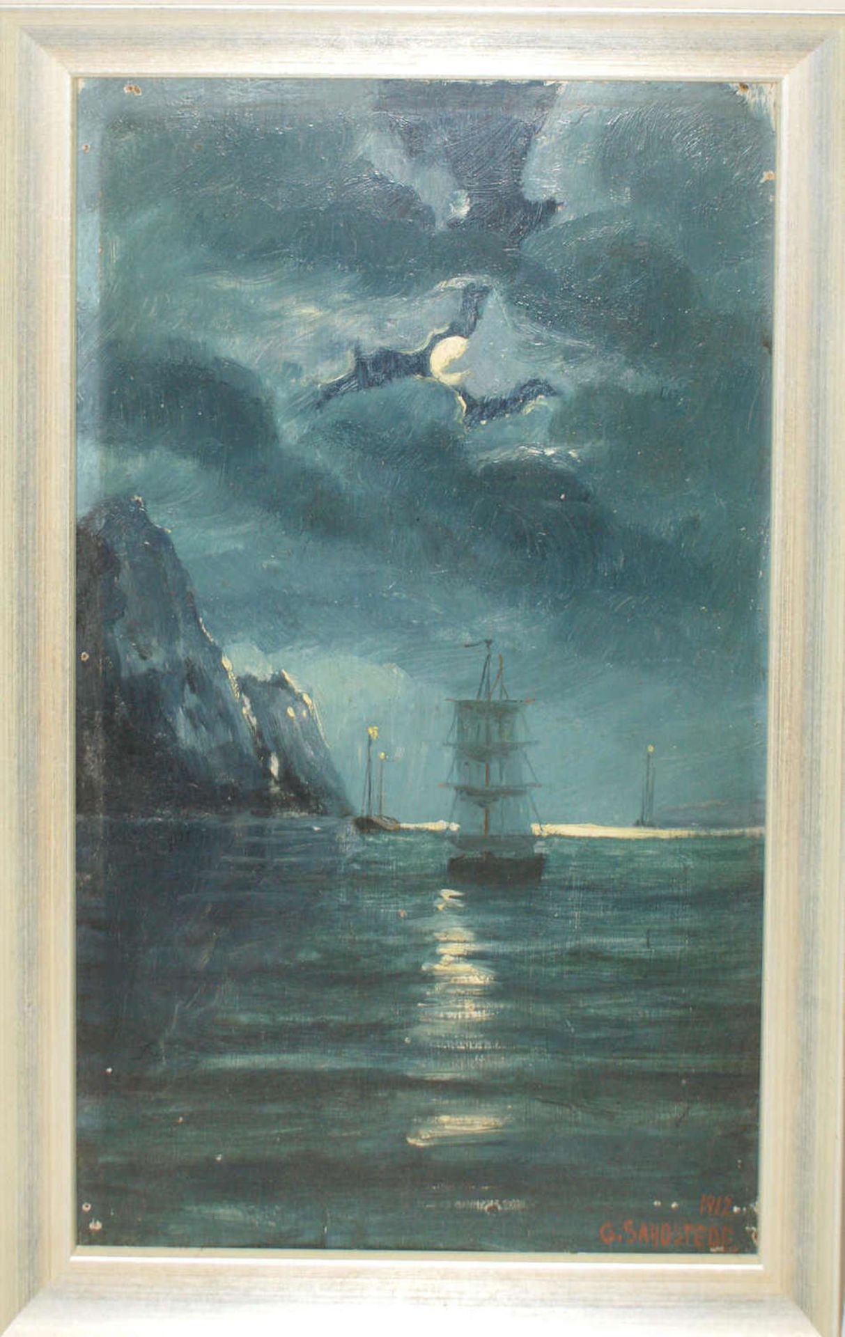 Ölgemälde auf Malkarton von G. Sandstäde, "Segelschiff an der Küste bei Vollmondnacht", rechts unten