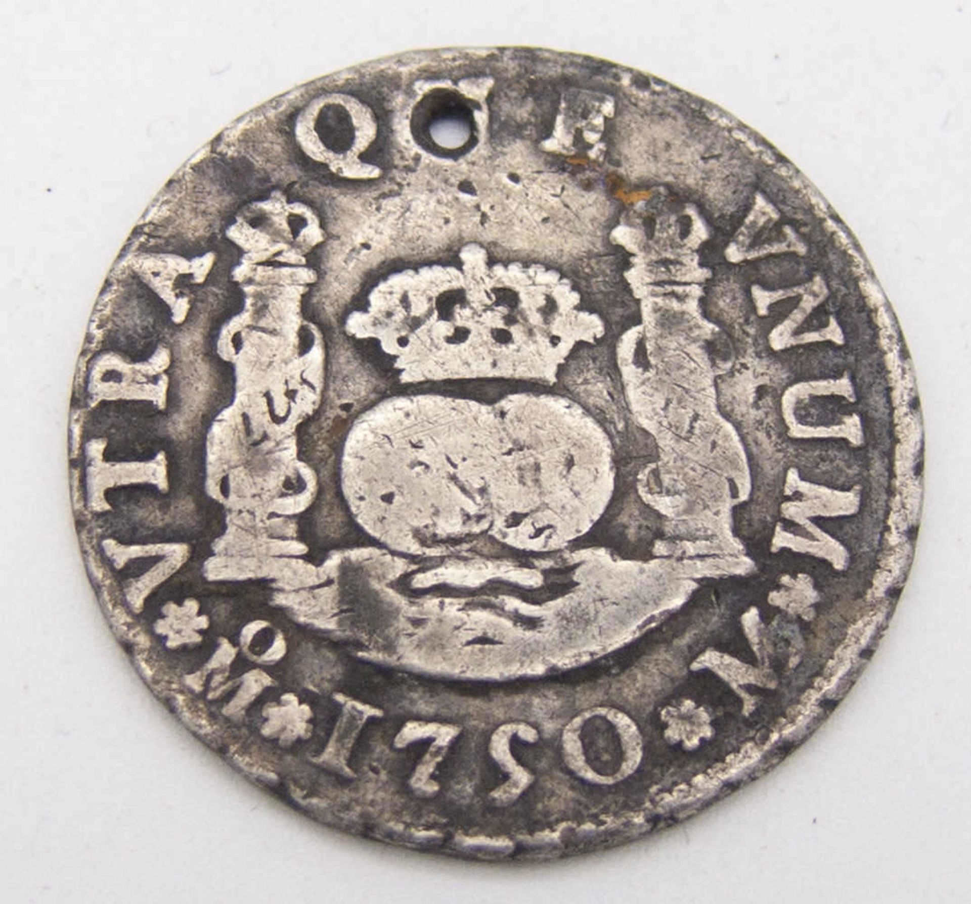 Spanien 1750, 2 Real - Silbermünze. Gelocht. Erhaltung: ss.Spain 1750, 2 Real - silver coin. - Bild 2 aus 2