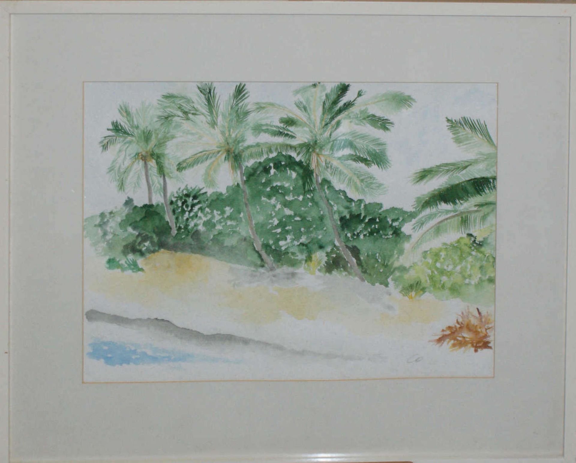 Aquarell hinter Glas gerahmt, "Küste mit Palmen", Monogrammist CO, Maße: ca. 45 cm breit, ca. 35