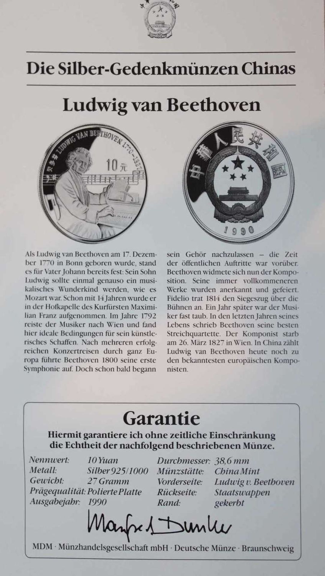 China 1990, 10 Yuan - Silbermünze "Ludwig van Beethoven". Silber 925. Gewicht: 27 gr.. In Kapsel. - Bild 3 aus 3