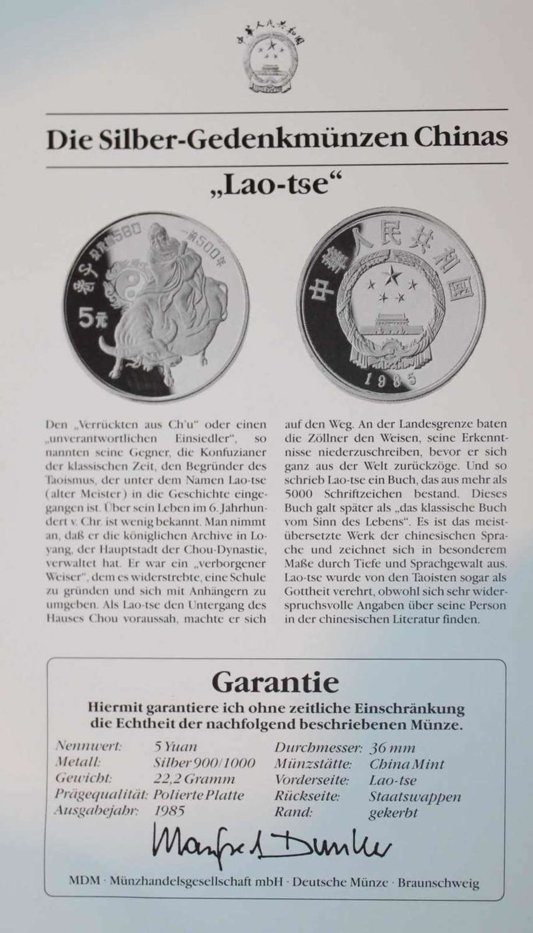 China 1985, 5 Yuan - Silbermünze "Lao - Tse". Silber 900. Gewicht: 22,2 gr.. In Kapsel. Erhaltung: - Bild 3 aus 3