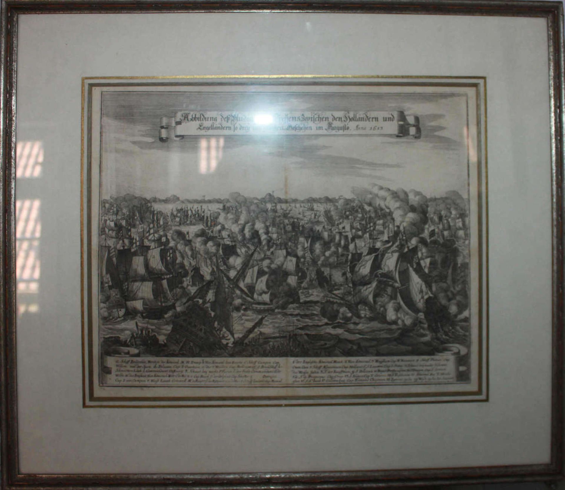 alter Stahlstich von Kasper Merian geb. 1627, gest. 1686, Abbildung des huldigen Seetreffens
