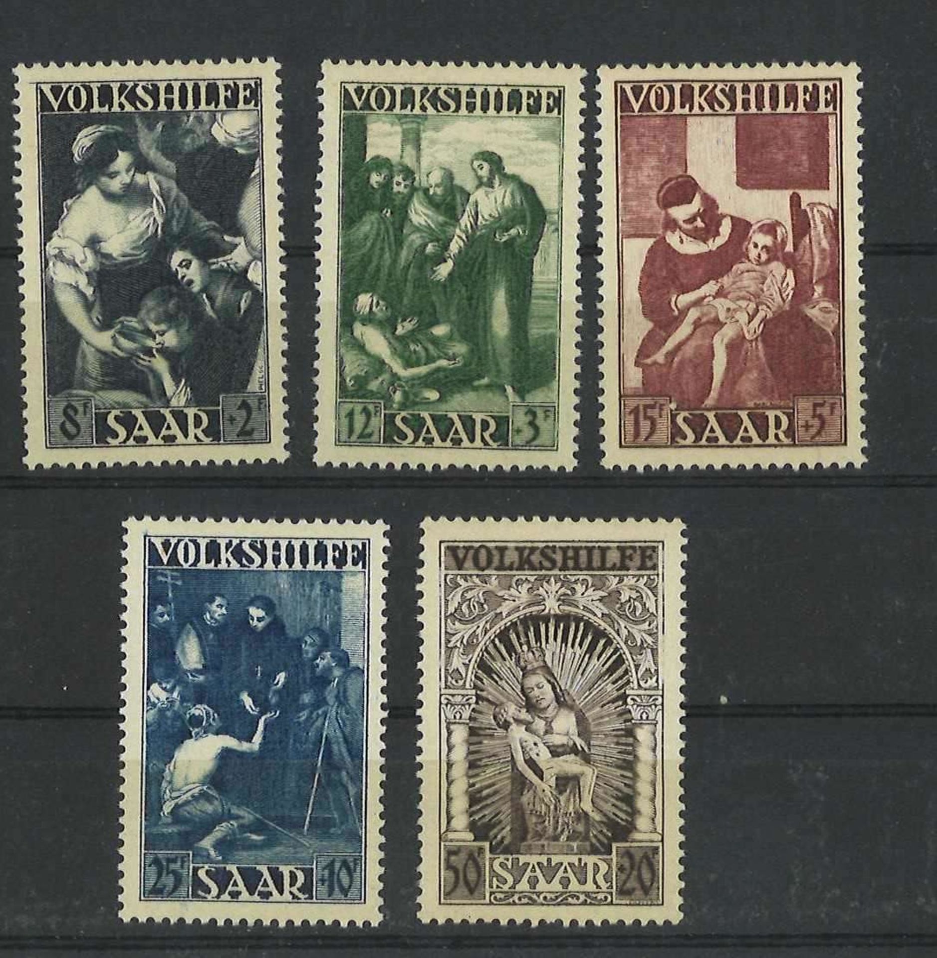 Saarland, 1949, Mi Nr 267-271, Volkshilfe Gemälde, postfrischSaarland, 1949, Mi no. 267-271,