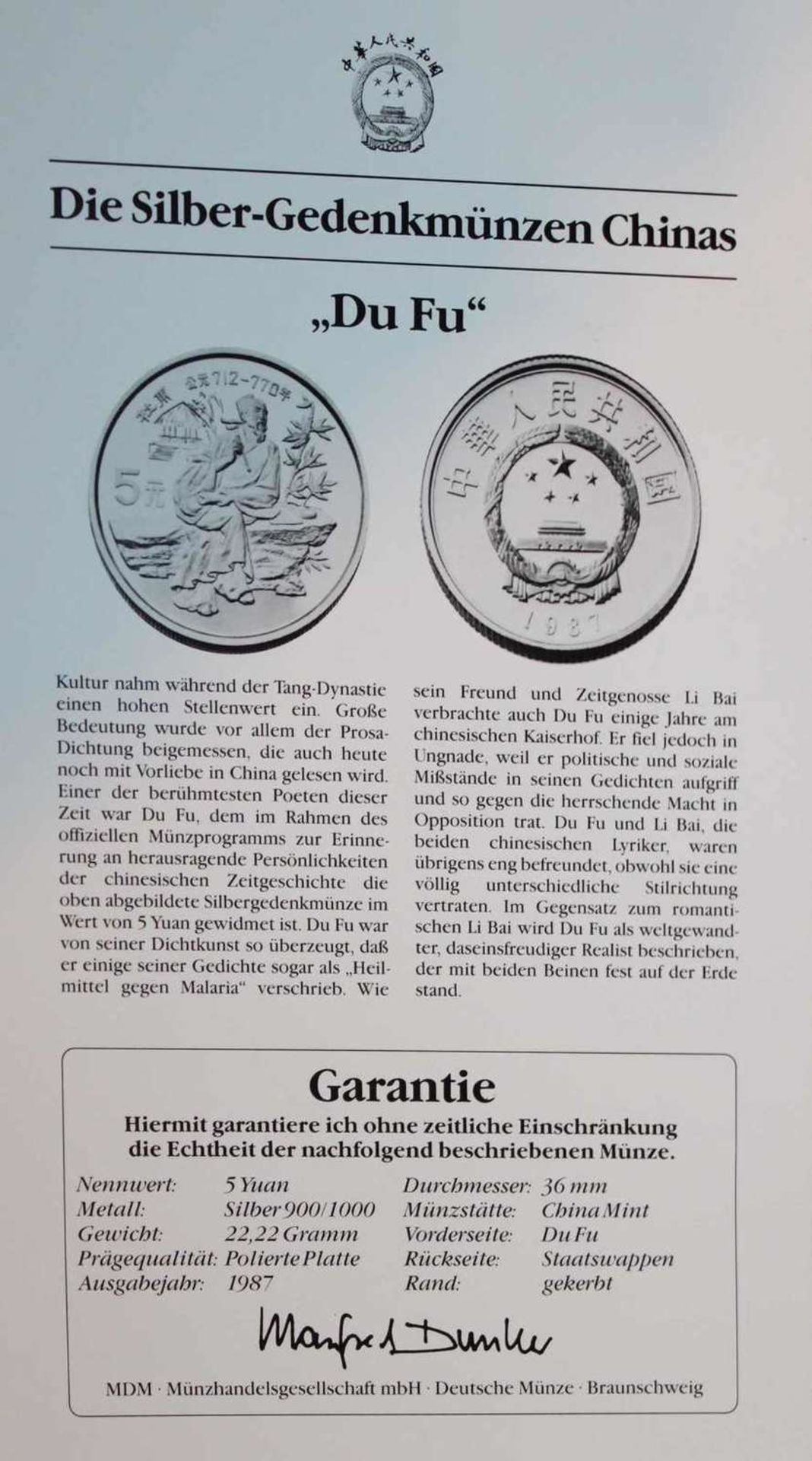 China 1987, 5 Yuan - Silbermünze "Du Fu". Silber 900. Gewicht: 22,2 gr.. In Kapsel. Erhaltung: PP. - Bild 3 aus 3