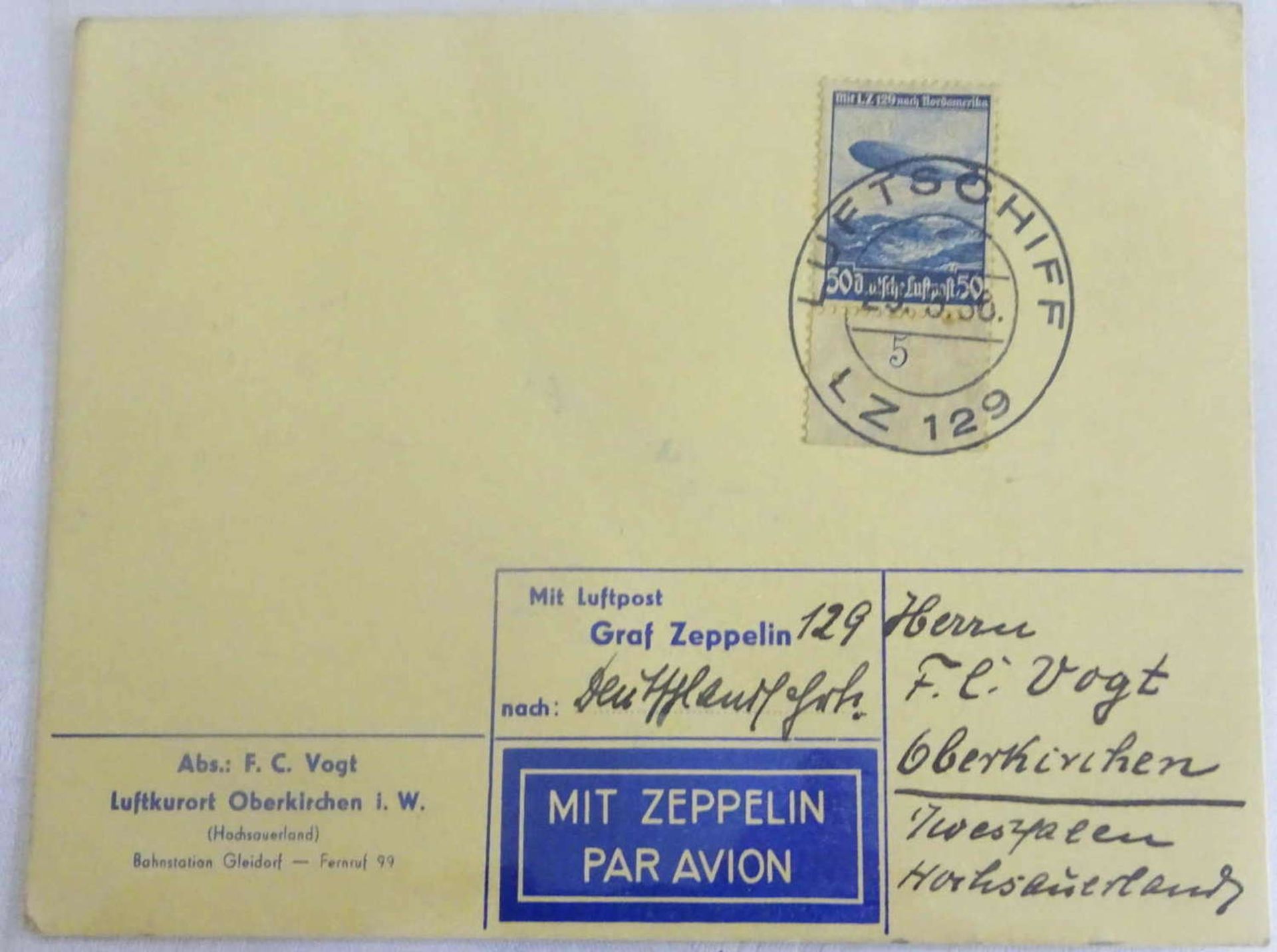 Zeppelinkarte mit Bordpoststempel der Deutschlandfahrt mit EF Zeppelinmarke 50 Pfennig.Zeppelin card