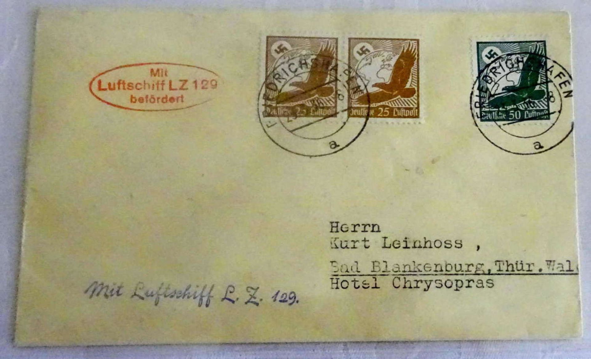 Zeppelinbrief "1. Postfahrt des LZ 129 "Hindenburg" mit Flugpostmarken, Sieger 401 AaZeppelin letter