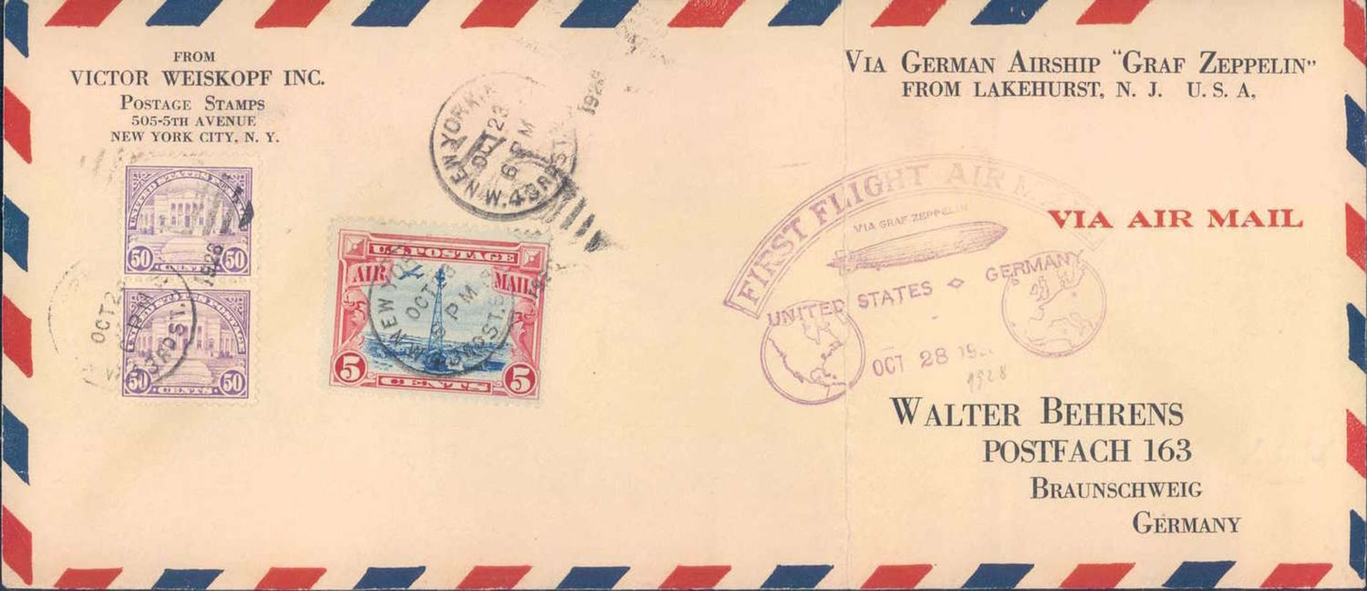 Zeppelinbrief Amerikafahrt 1928 (Rückfahrt) mit guter Frankatur, 50 Cent. u.a. Sieger 22BZeppelin