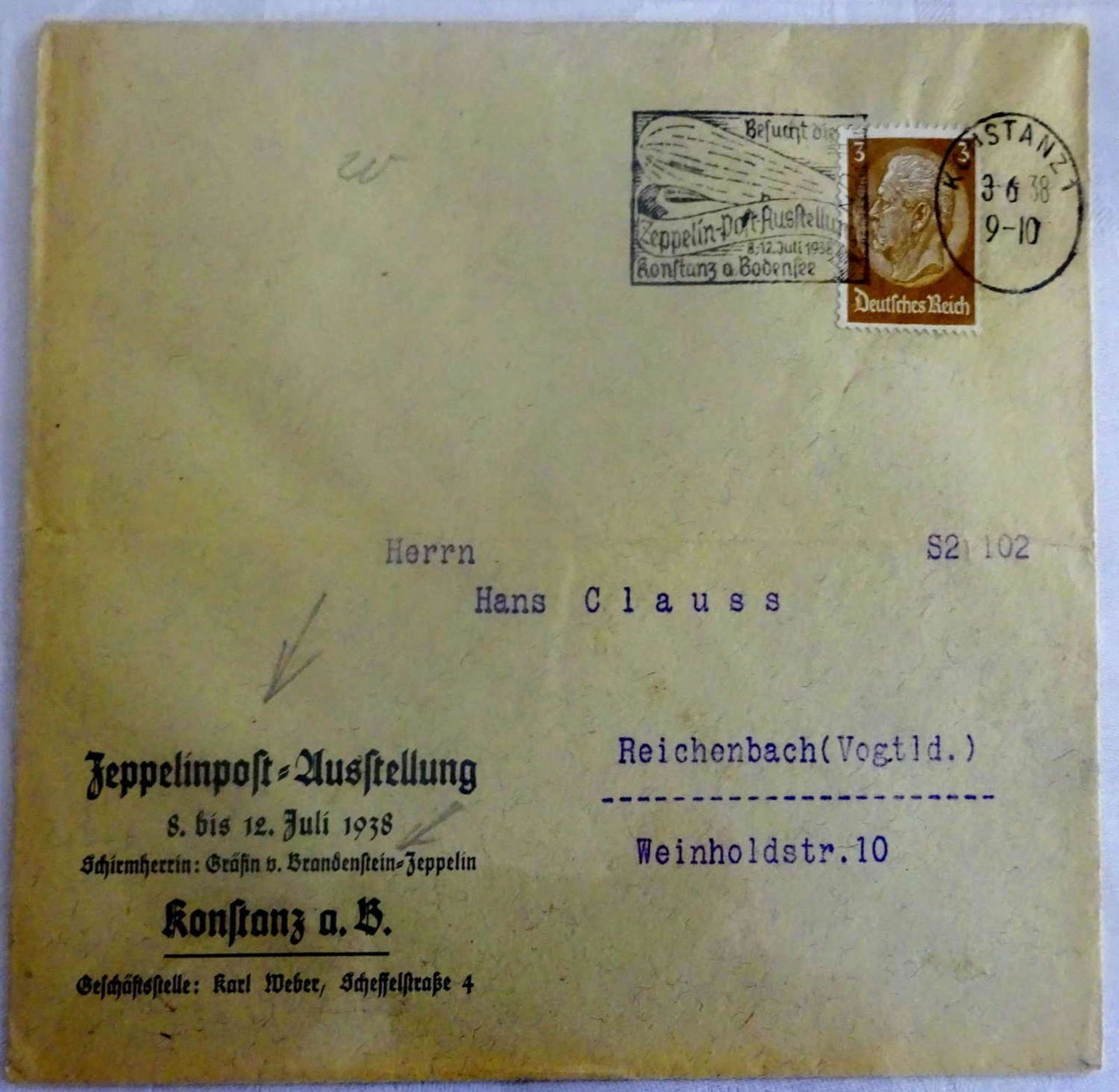 Brief mit Masch.-Werbestempel "Besucht die Zeppelinpost Ausstellung". Sieger 0455 VILetter with