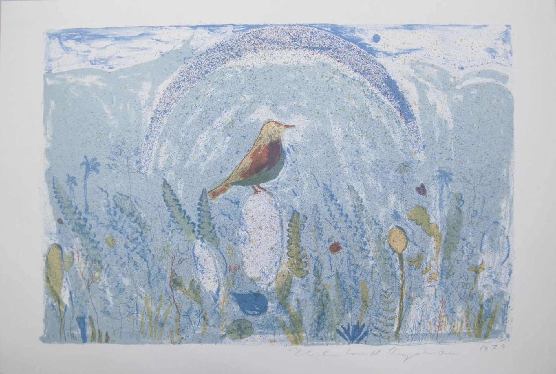 Helmtrud Nyström, "Der Vogel unter dem Regenbogen"". 5 - Farben - Lithographi. Blattgröße: ca. 38,