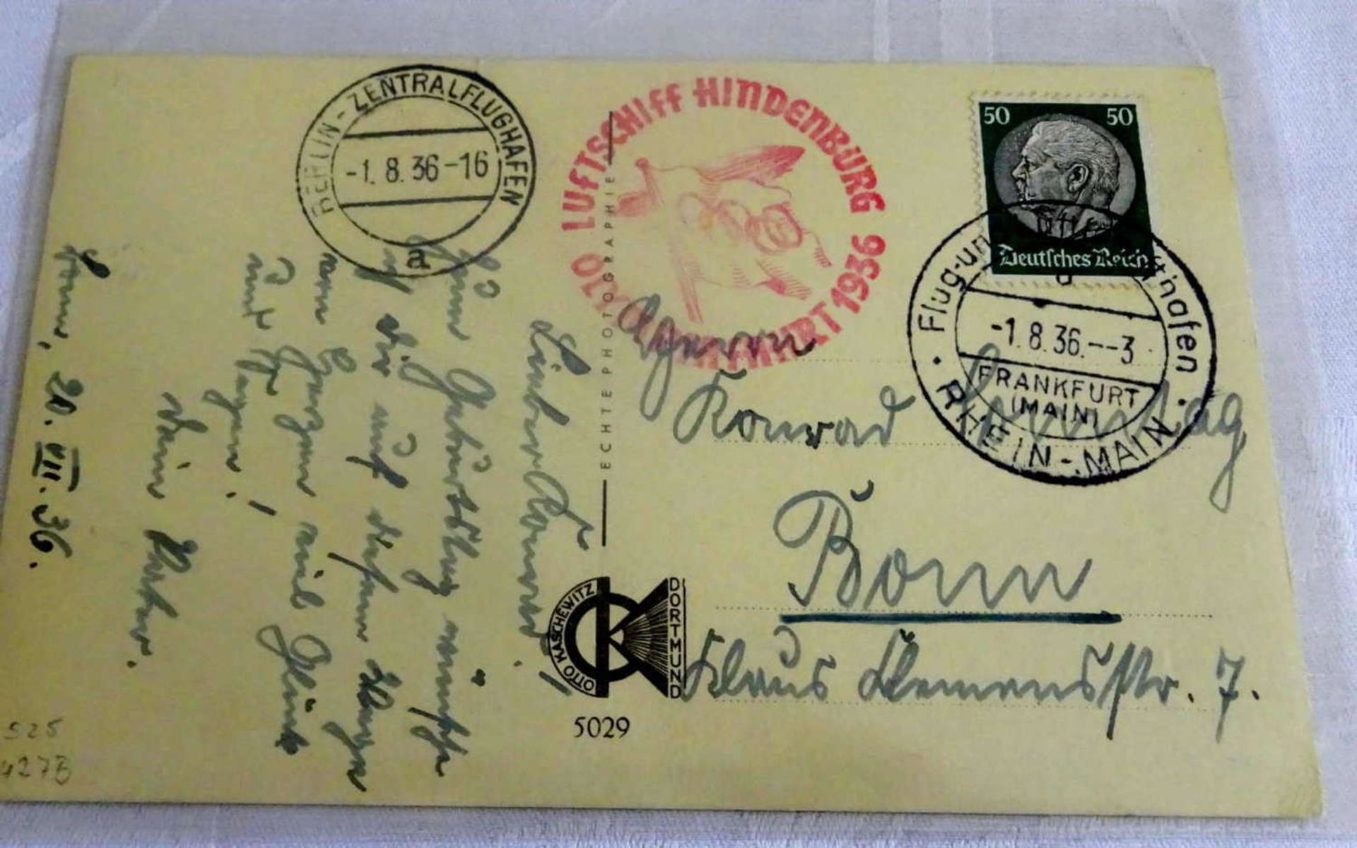 Olympiafahrt Karte mit EF "Hindenburg" 50 Pfennig, Flugstempel "d" Ank. St. "a". Sieger 427 BOlympic