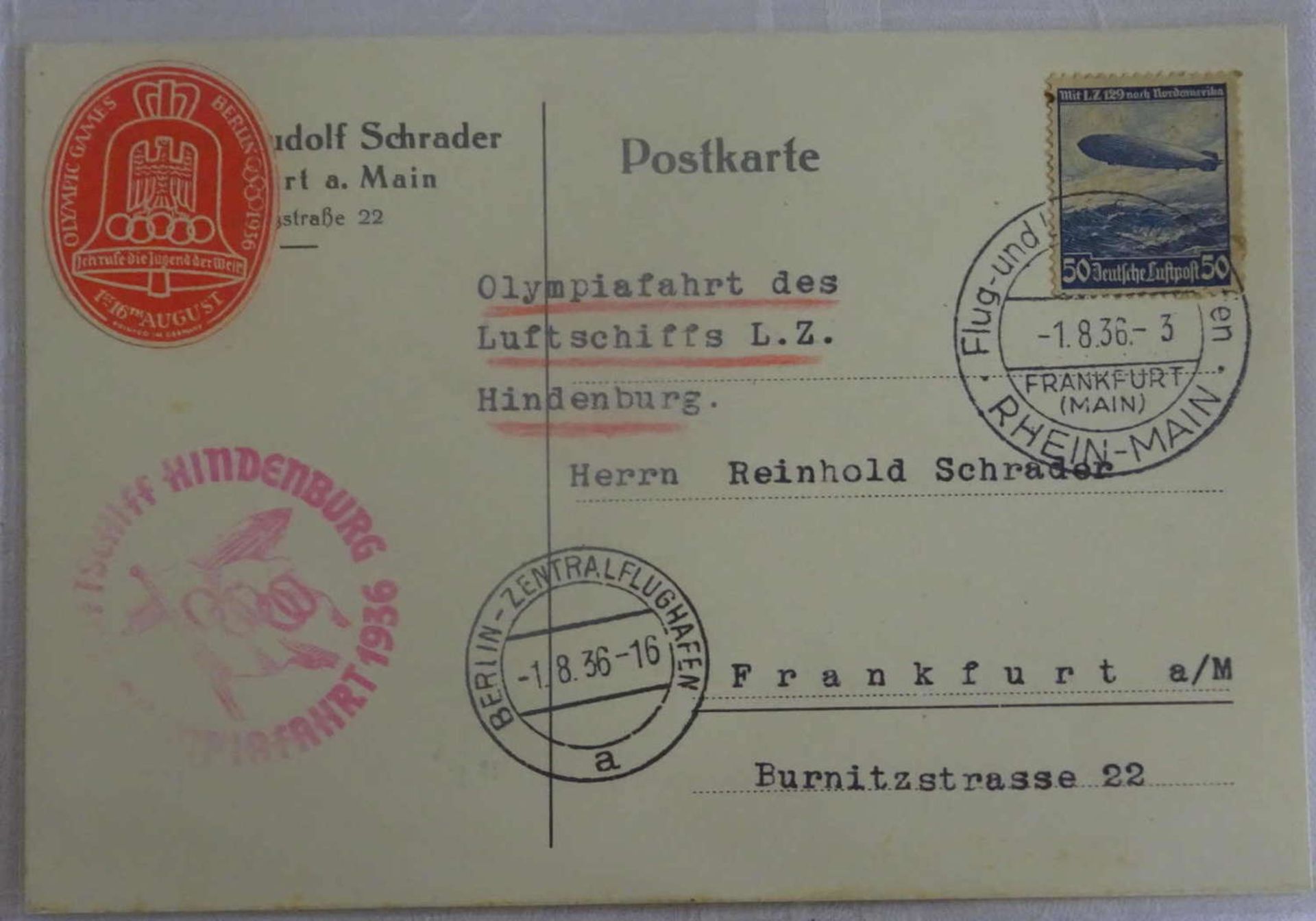 Olympiafahrt Karte mit EF Zeppelin 50 Pfennig, seltene Olympiavignette. 427BOlympic travel ticket
