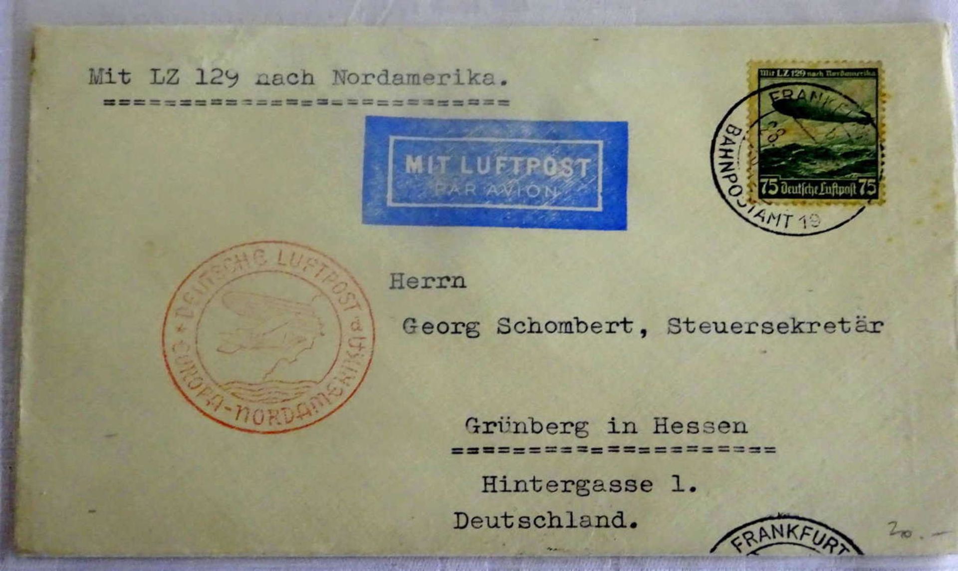 Brief der 1. Nordamerikafahrt 1936, frankiert mit EF Zeppelinmarke 75 Pfennig. Sieger 406 D. Auflage