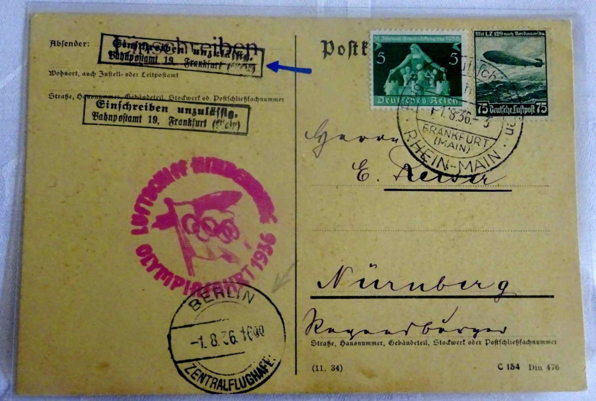 Olympiafahrt Karte u.a. mit Zeppelinmarke 75 Pfennig, 2x Stempel Einschreiben unzulässig und mit dem
