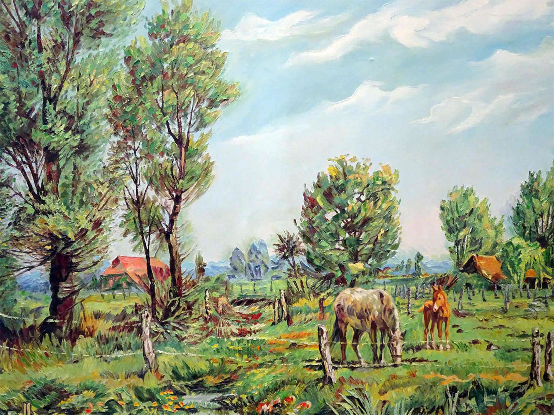 E.Beyer, Ölgmälde auf Leinwand, "Pferde auf Koppel", signiert E.Beyer1963. Gerahmt. Maße inkl. - Bild 2 aus 3