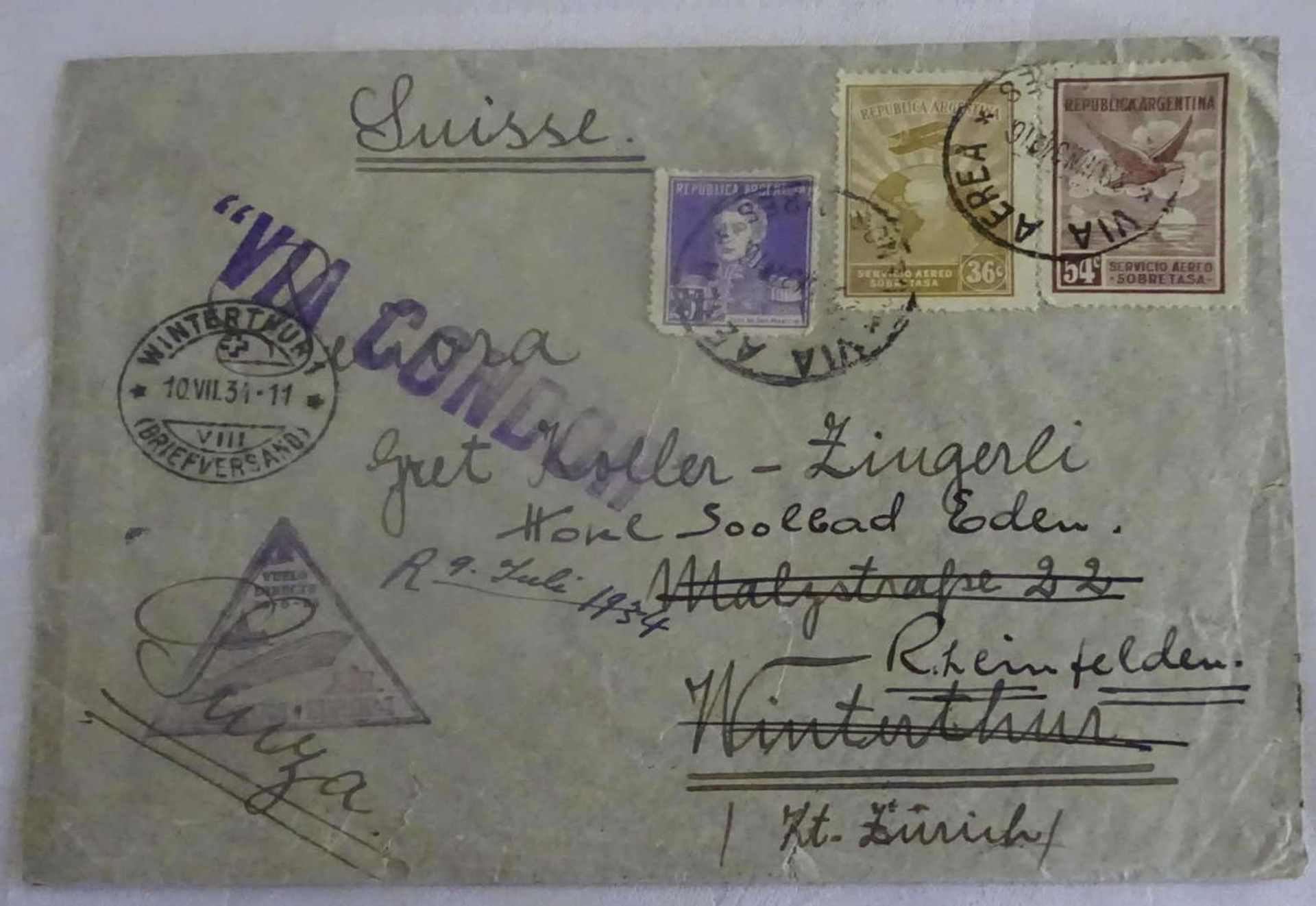 Zeppelinbrief "3.Südamerikafahrt 1934", Argentinische Post mit FlugpostmarkenZeppelin letter "3.