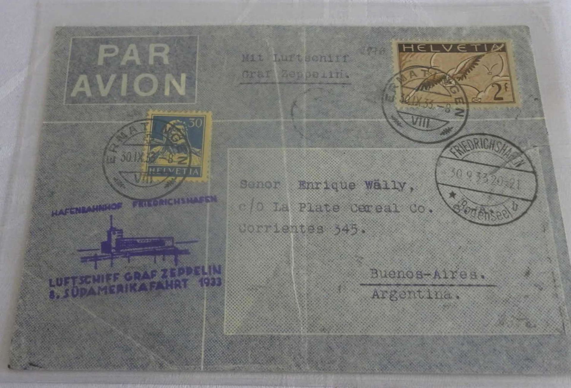 Zeppelinbrief "8.Südamerikafahrt 1933" Zuleitungspost von der Schweiz mit Flugpostmarke Michel Nr.