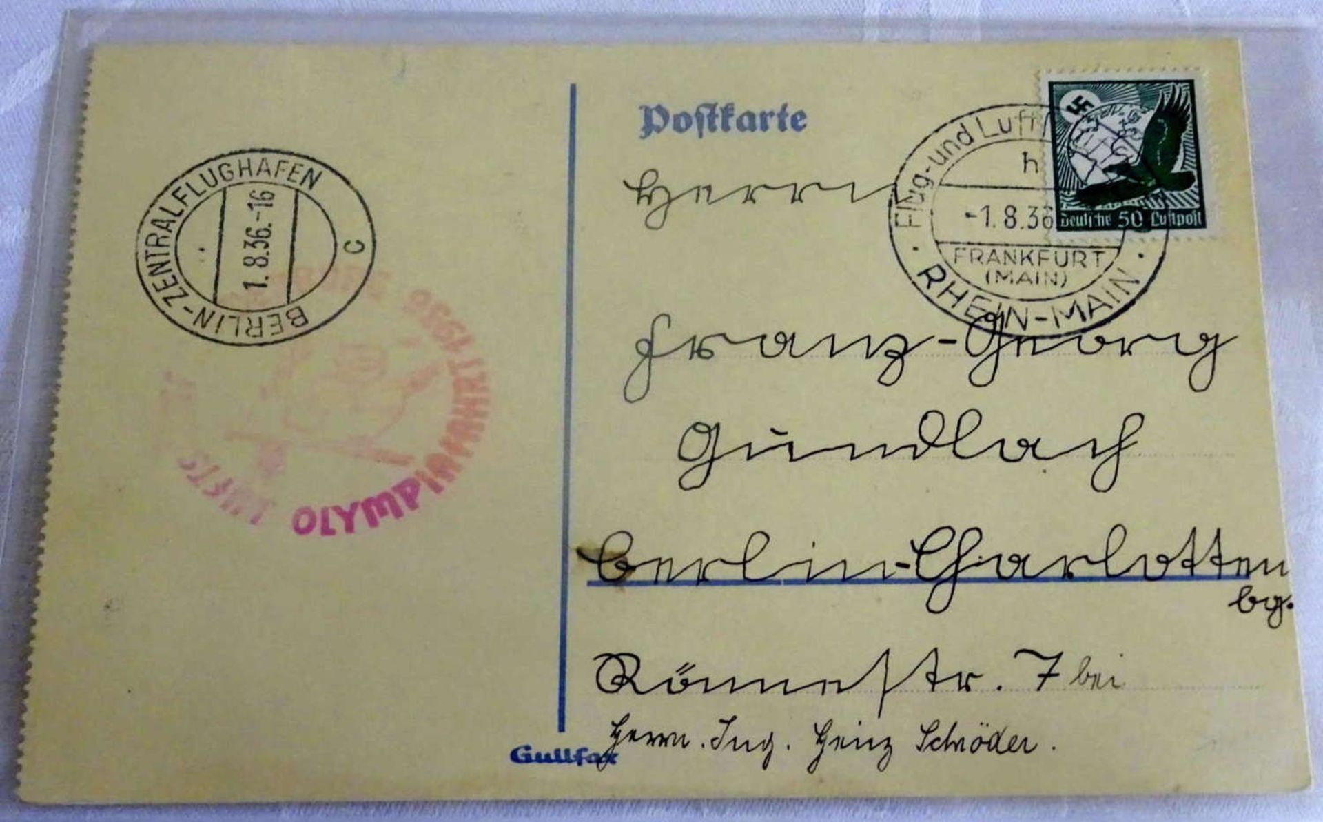 Olympiafahrt Karte mit EF Flugpost 50 Pfennig, Flugstempel "h" Ank. St. "c". Sieger 427 BOlympic