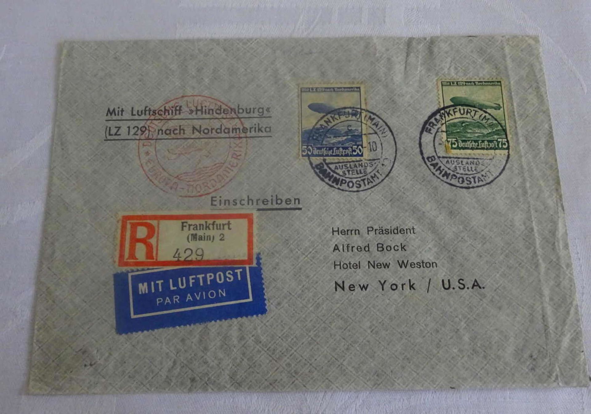 Nordamerikafahrt 1936, R-Brief, frankiert mit Zeppelinmarke 50 und 75 Reichspfennig. Sieger 406
