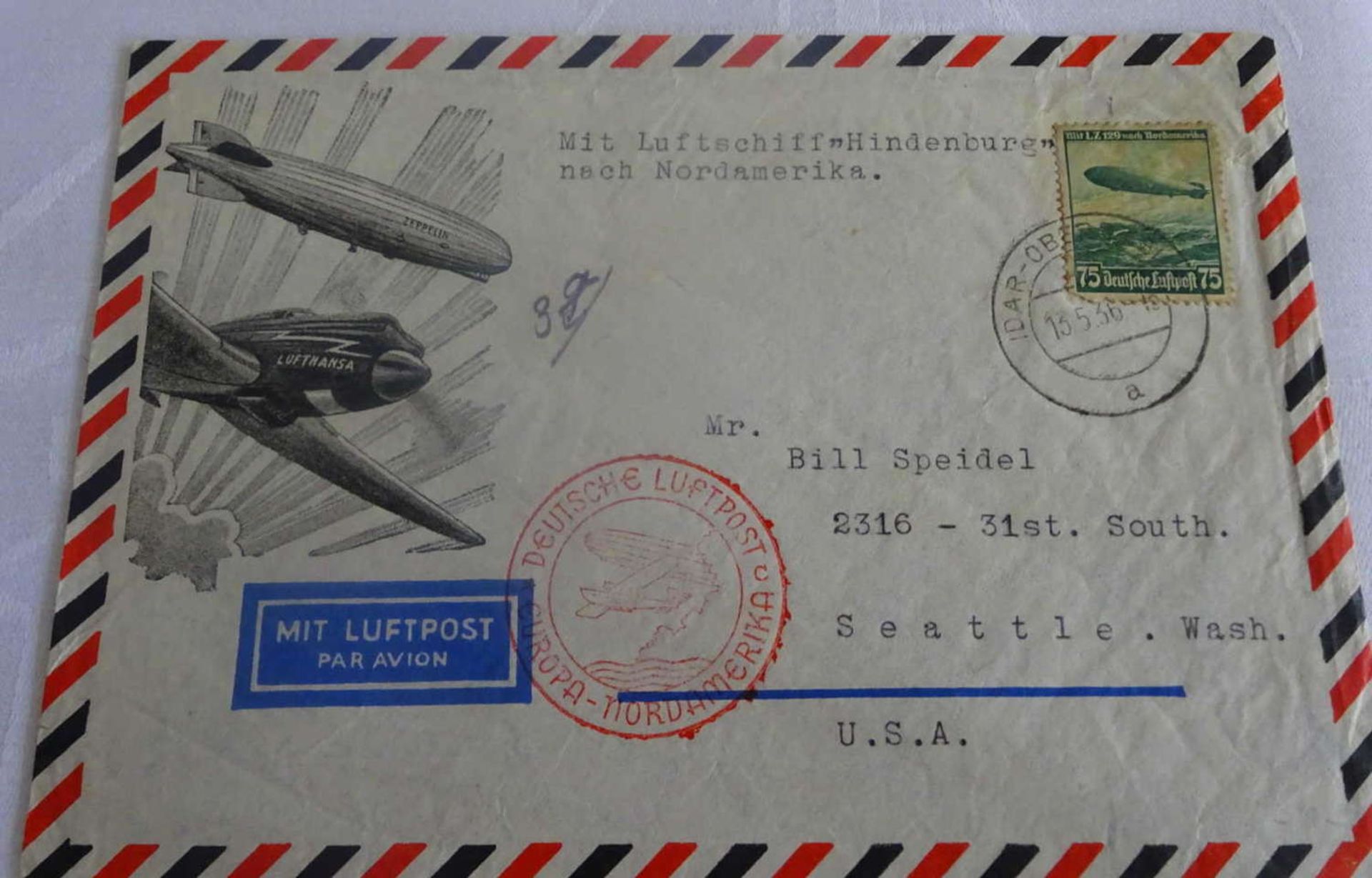 Brief der 2. Nordamerikafahrt 1936 mit EF Zeppelinmarke 75 Pfennig. Sieger 410 BLetter of the 2nd