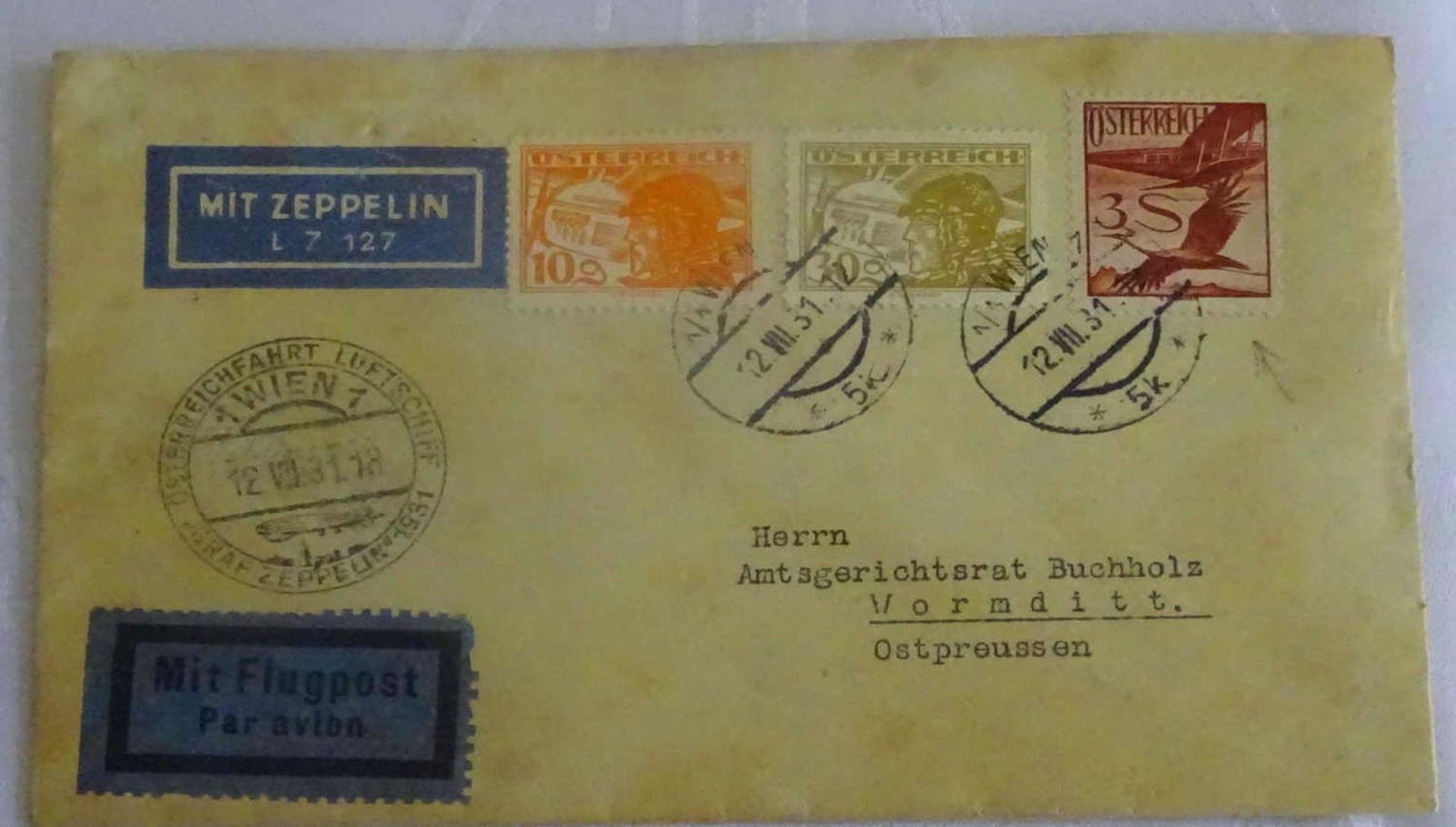 Zeppelinbrief Österreichfahrt, Rückfahrt mit 3 Schilling. Sieger 118AZeppelin letter Austria trip,