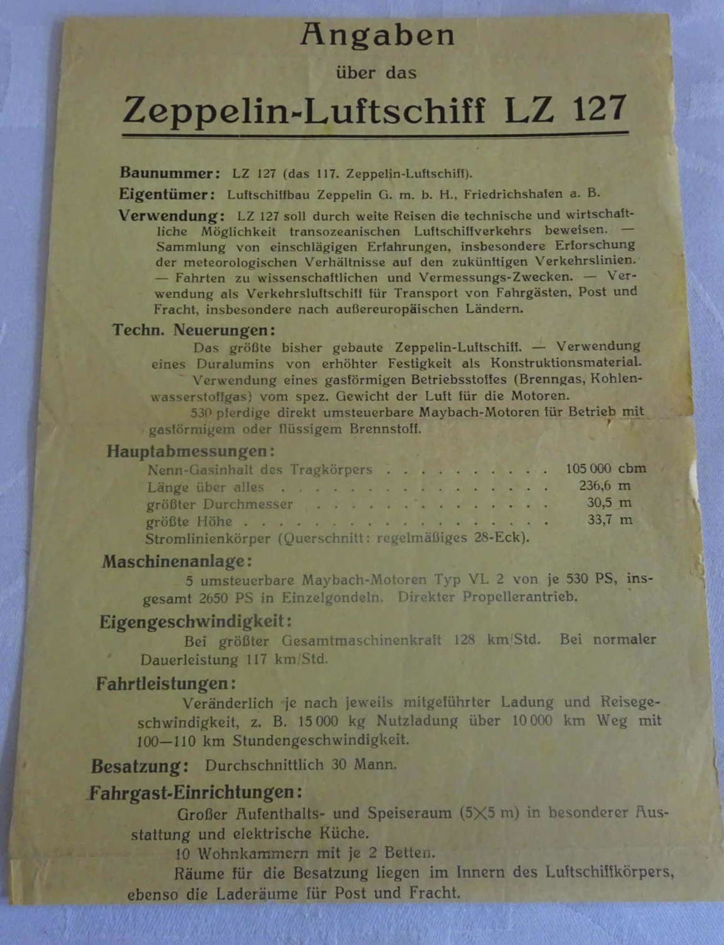 Angaben über das Zeppelin Luftschiff LZ 127Information about the Zeppelin airship LZ 127