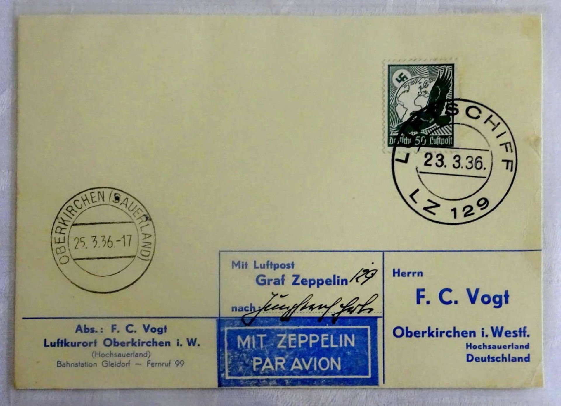 Zeppelinkarte "1. Postfahrt des LZ 129 "Hindenburg", EF Flugpost 50 Pfennig. Sieger 401 BbZeppelin