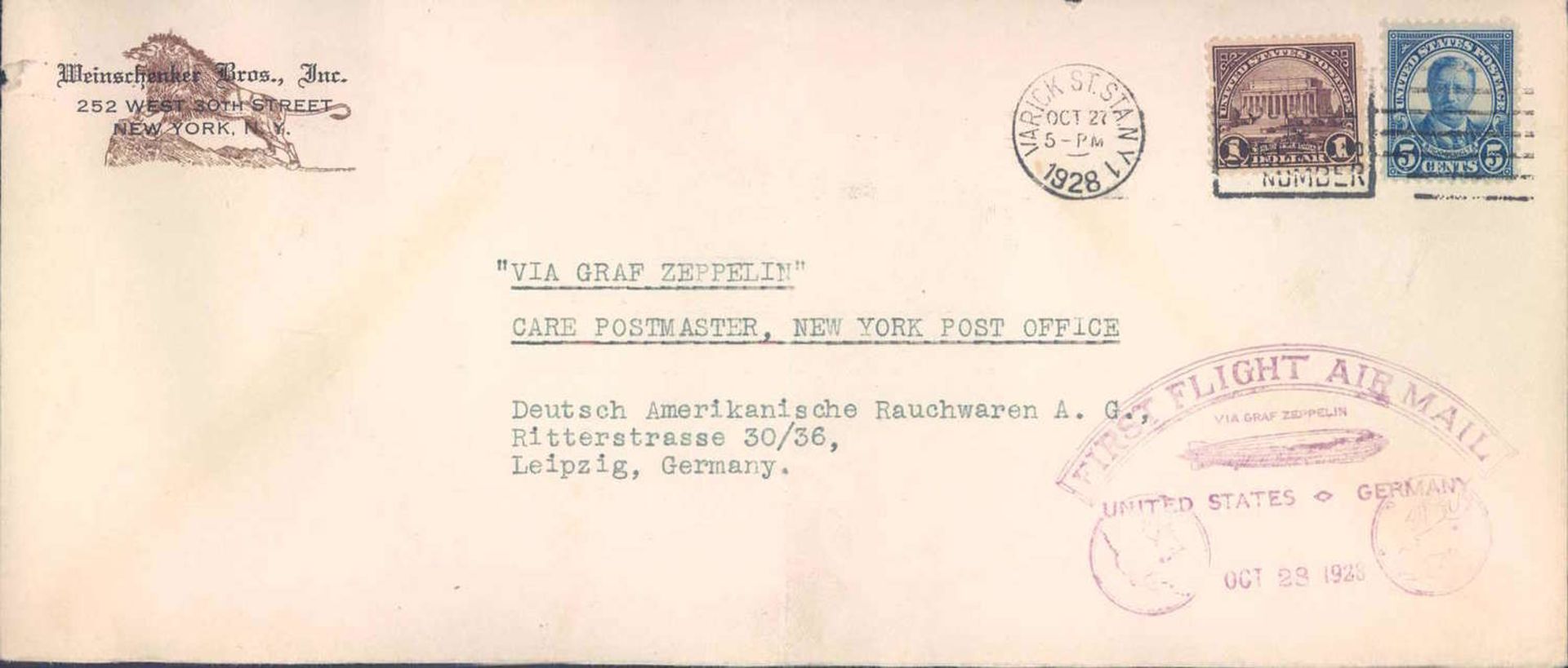 Zeppelinbrief Amerikafahrt 1928 (Rückfahrt) mit guter Frankatur, 1 Dollar. Sieger 22BZeppelin letter