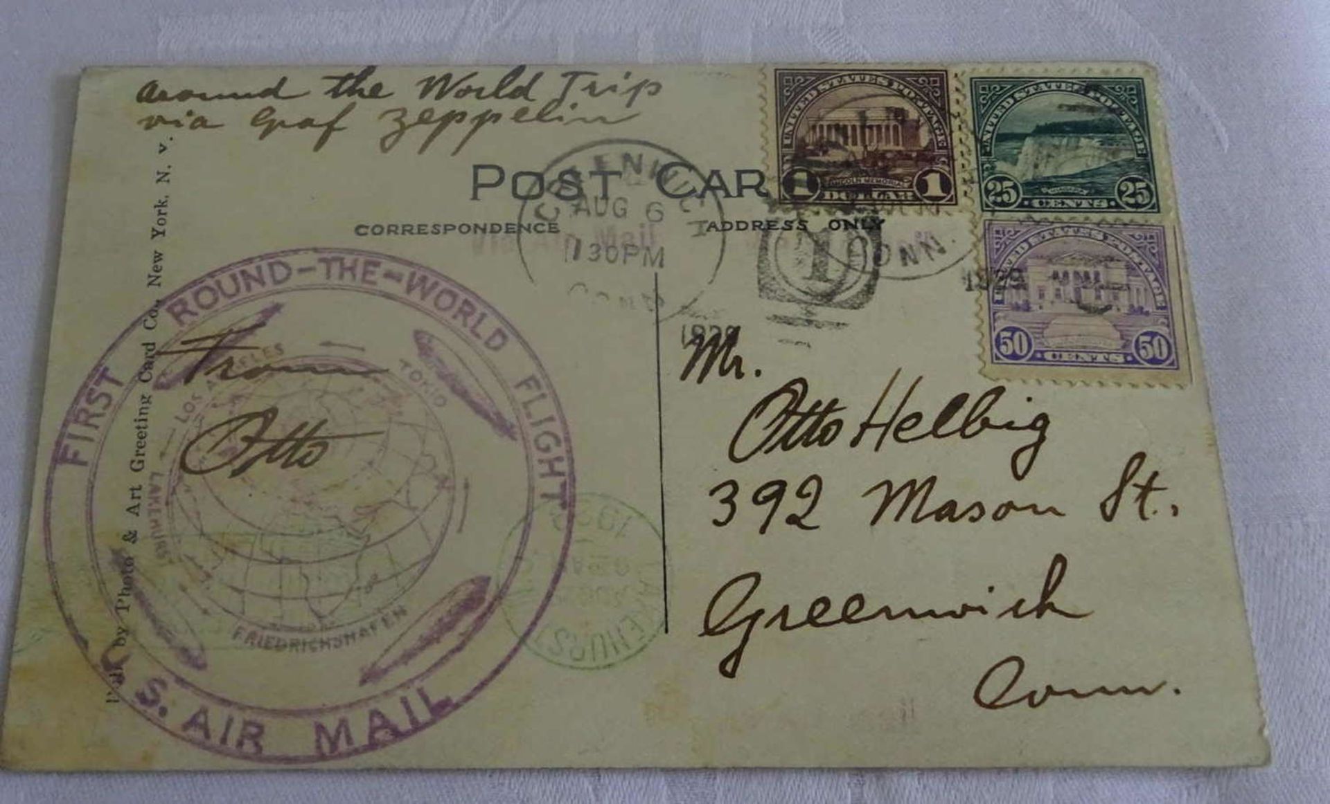 Zeppelinkarte Weltrundfahrt Amerikanische Post mit 1 Dollar u.a. Sieger 28DZeppelin Card World