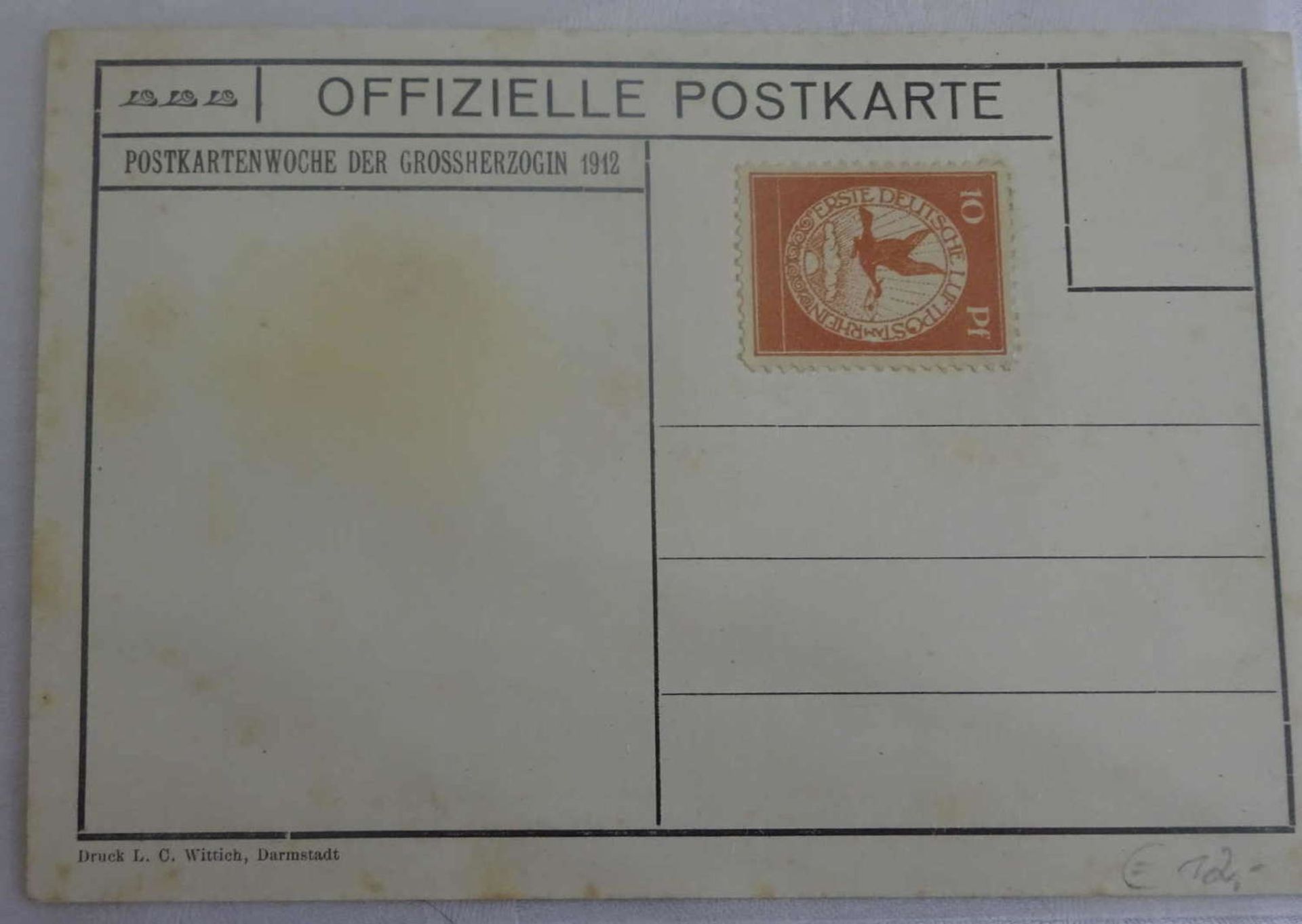 Seltene Postkarte "Rhein-Main Flugwoche 1912" mit Flugpostmarke 10 Pfennig. UngestempeltRare - Bild 2 aus 2