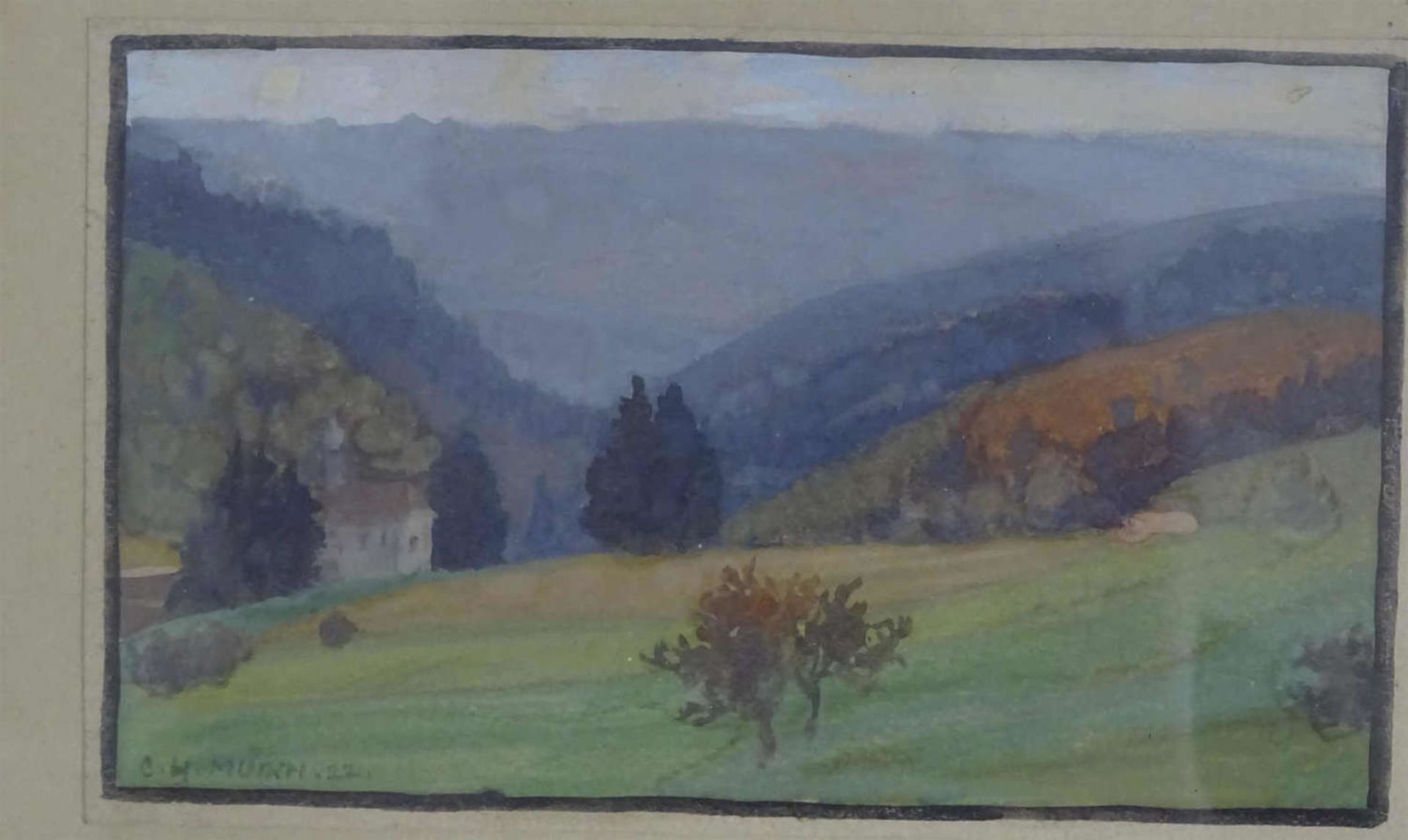 Carl-Hermann Münch (1872-) "Kapelle mit Feld und Waldlandschaft", hinter Glas gerahmt. Links unten - Bild 2 aus 3