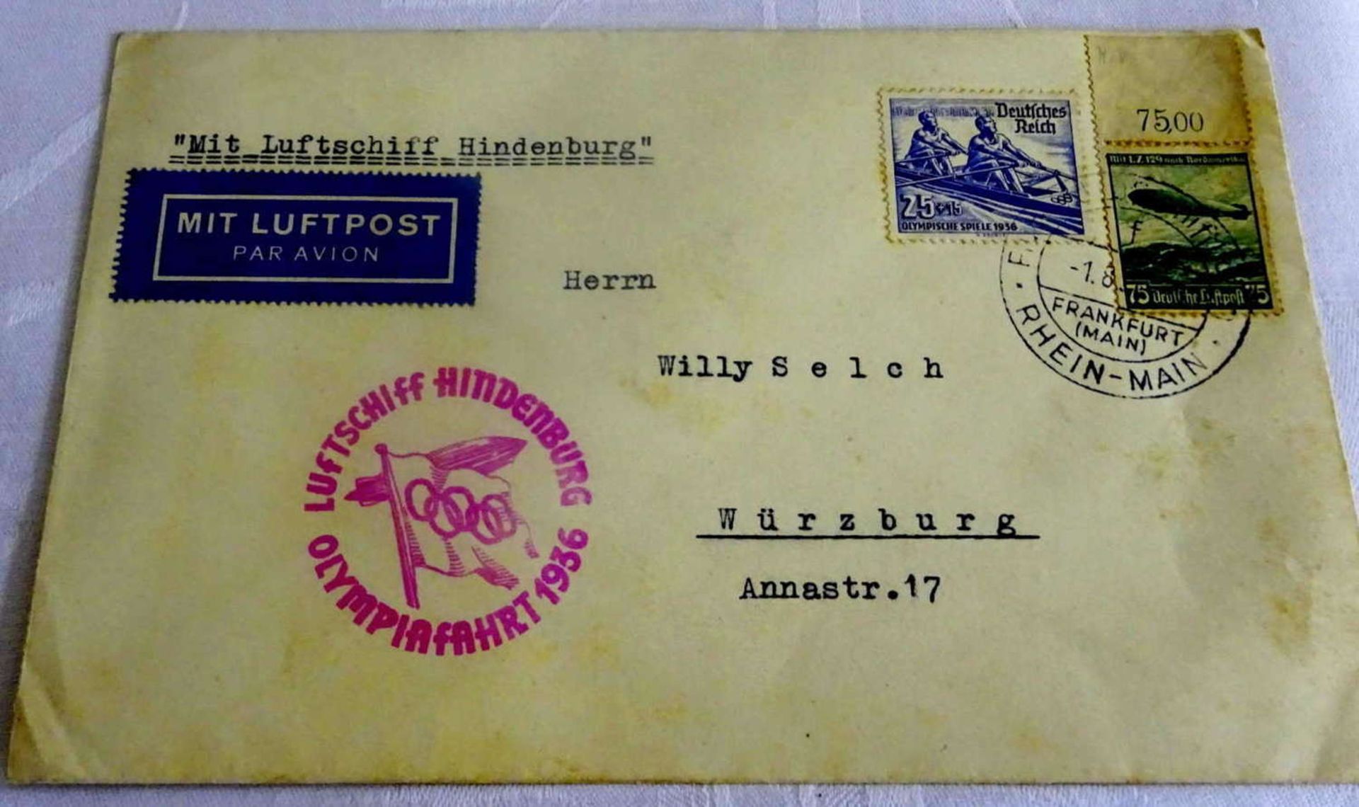 Zeppelin Olympiafahrt 1936, Brief Auslieferung Frankfurt "f" mit Olympia und Zeppelinmarke. Auk. St.