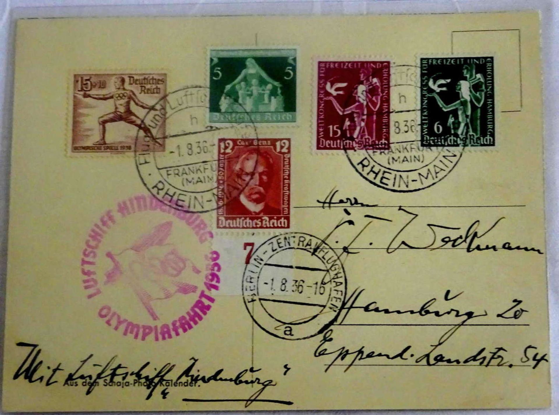 Olympiafahrt Karte mit Mischfrankatur u.a. mit Olympiamarke 15 Pfennig. Flugstempel "h".