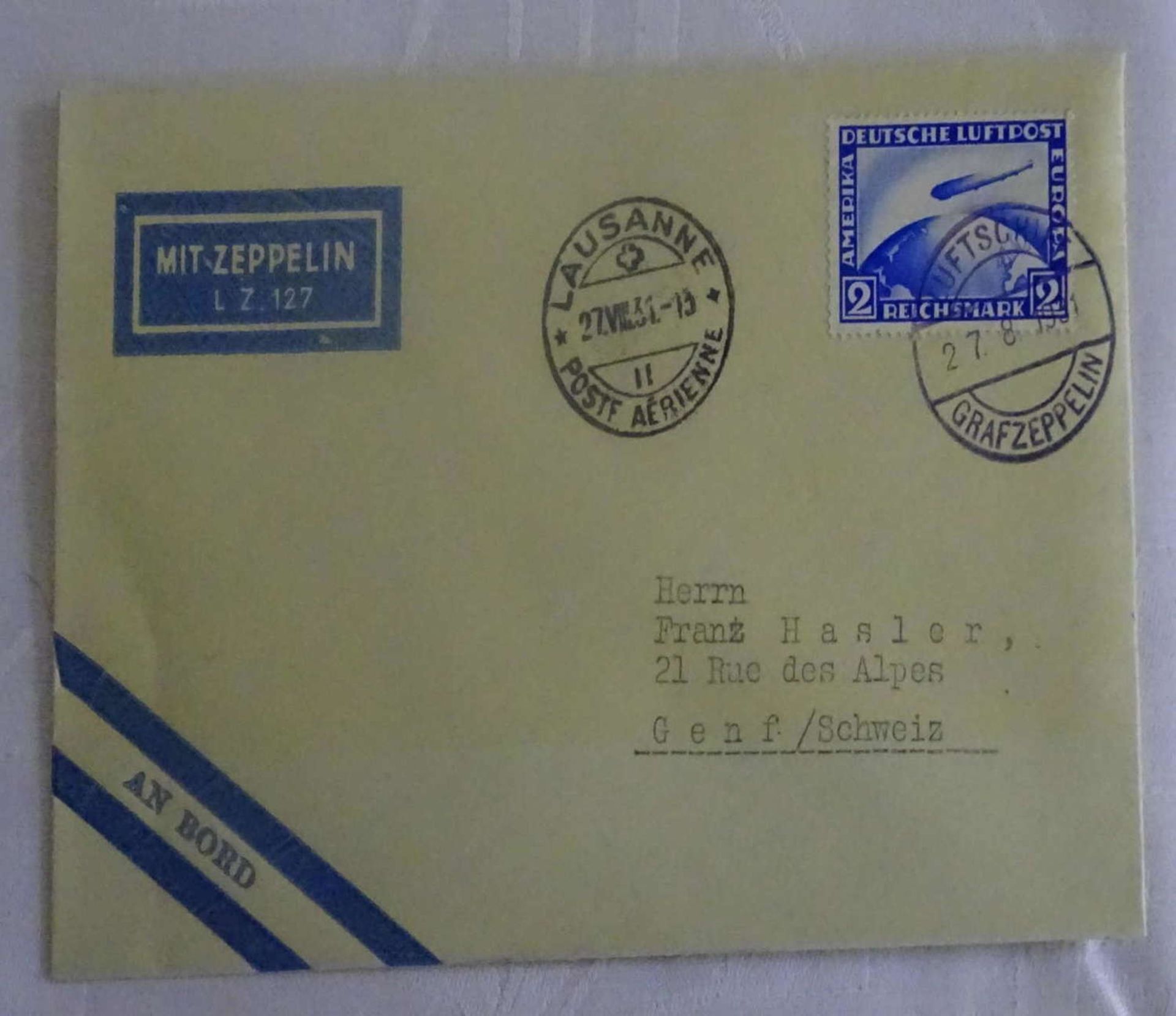 Zeppelinbrief "Fahrt nach Lausanne" Bordpost 27.8.31 mit RM2, Sieger 123BZeppelin letter "Drive to