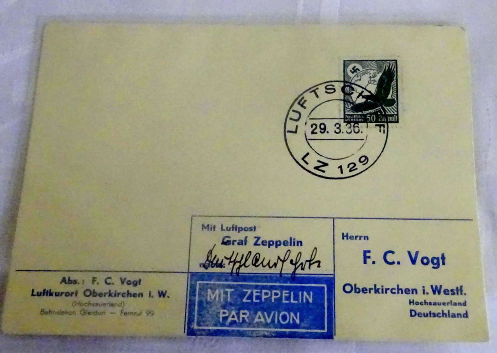 Zeppelinkarte mit Bordpoststempel der Deutschlandfahrt mit EF Flugpostmarke 50 Pfennig. Sieger 402