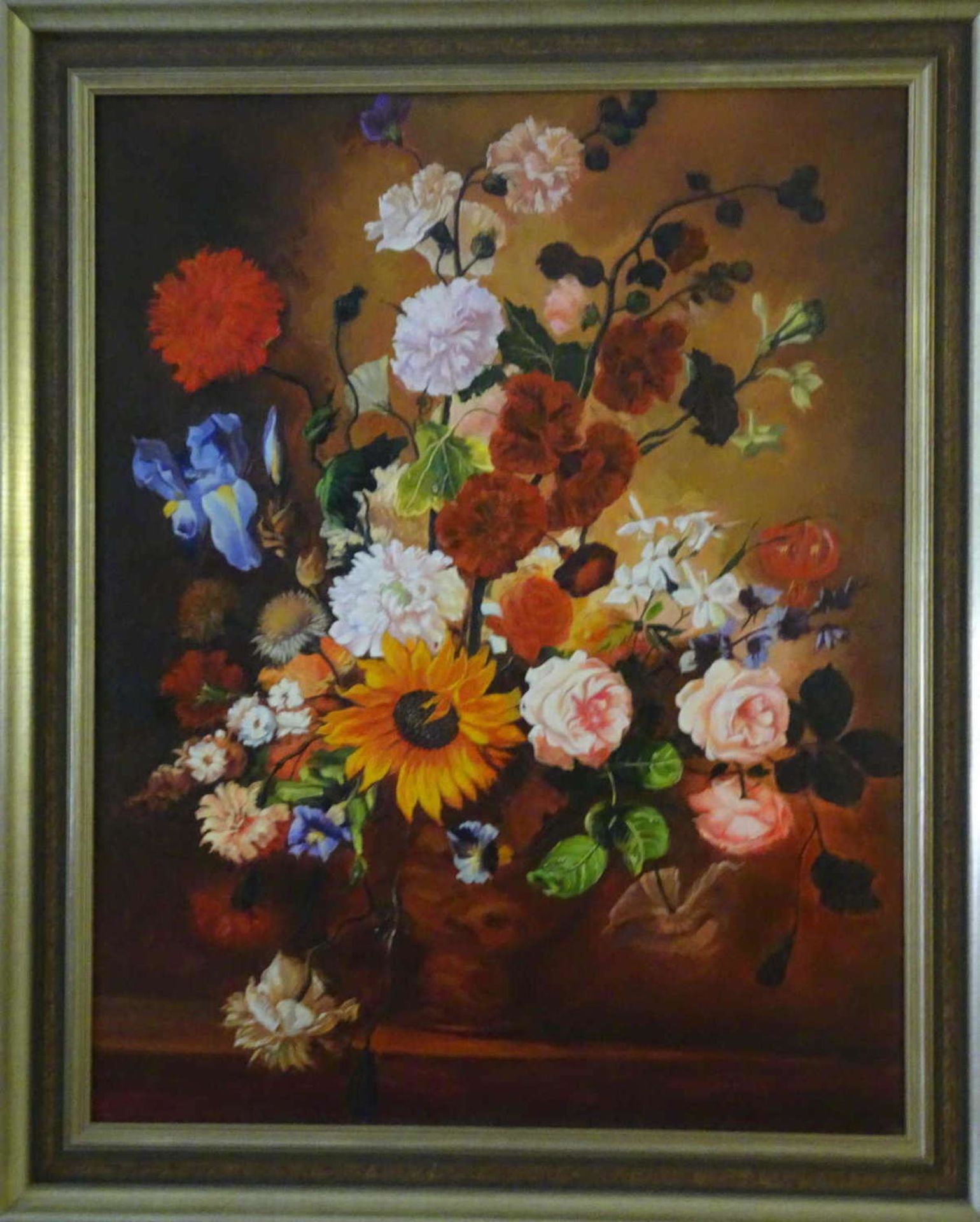 unbekannter Künstler, Ölgemälde auf Leinwand, "Blumenstilleben", unsigniert, Maße: Höhe ca. 91 cm,