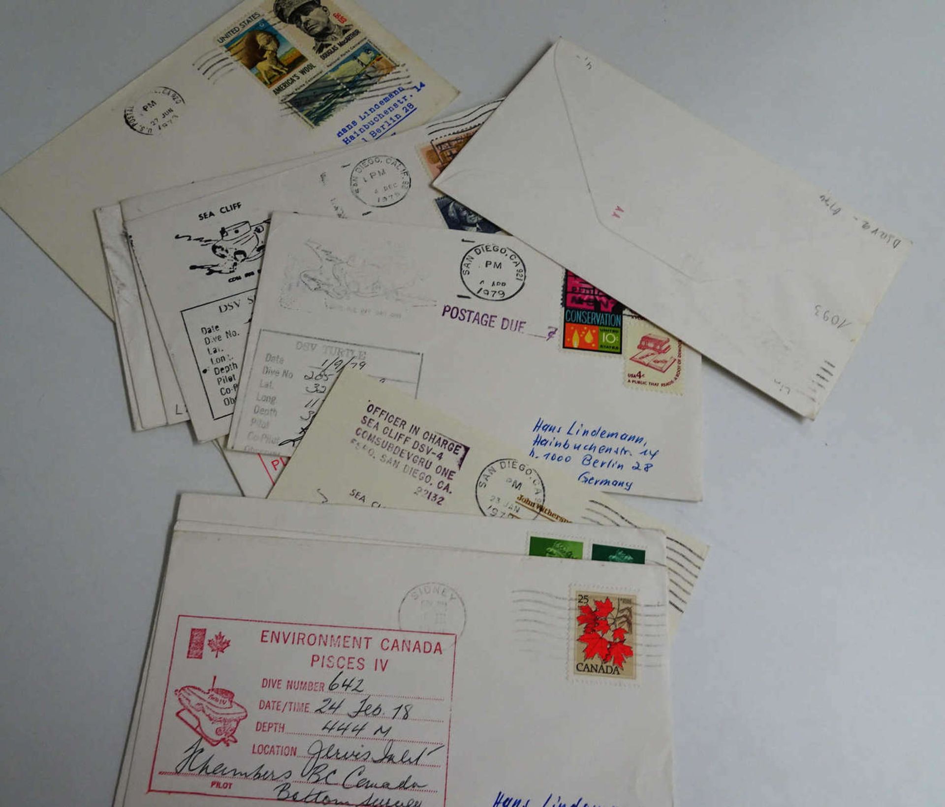 Deutsche Schiffspost im Ausland, 1973, 14 Belege mit Brief-Stempeln von Forschungs-U-Booten, alle