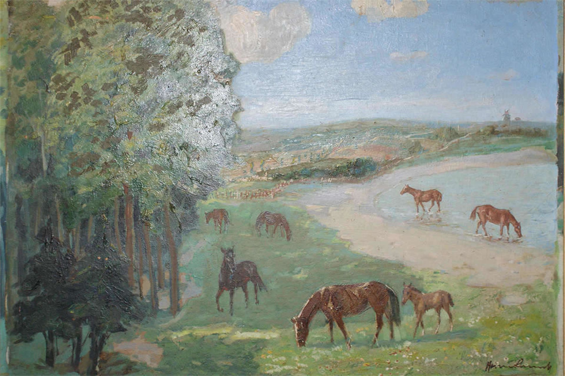 Hermann Sourell, geb. 1875 in Berlin, Ölgemälde auf Malkarton. "Pferde auf der Weide". Hinten Zettel - Bild 3 aus 3