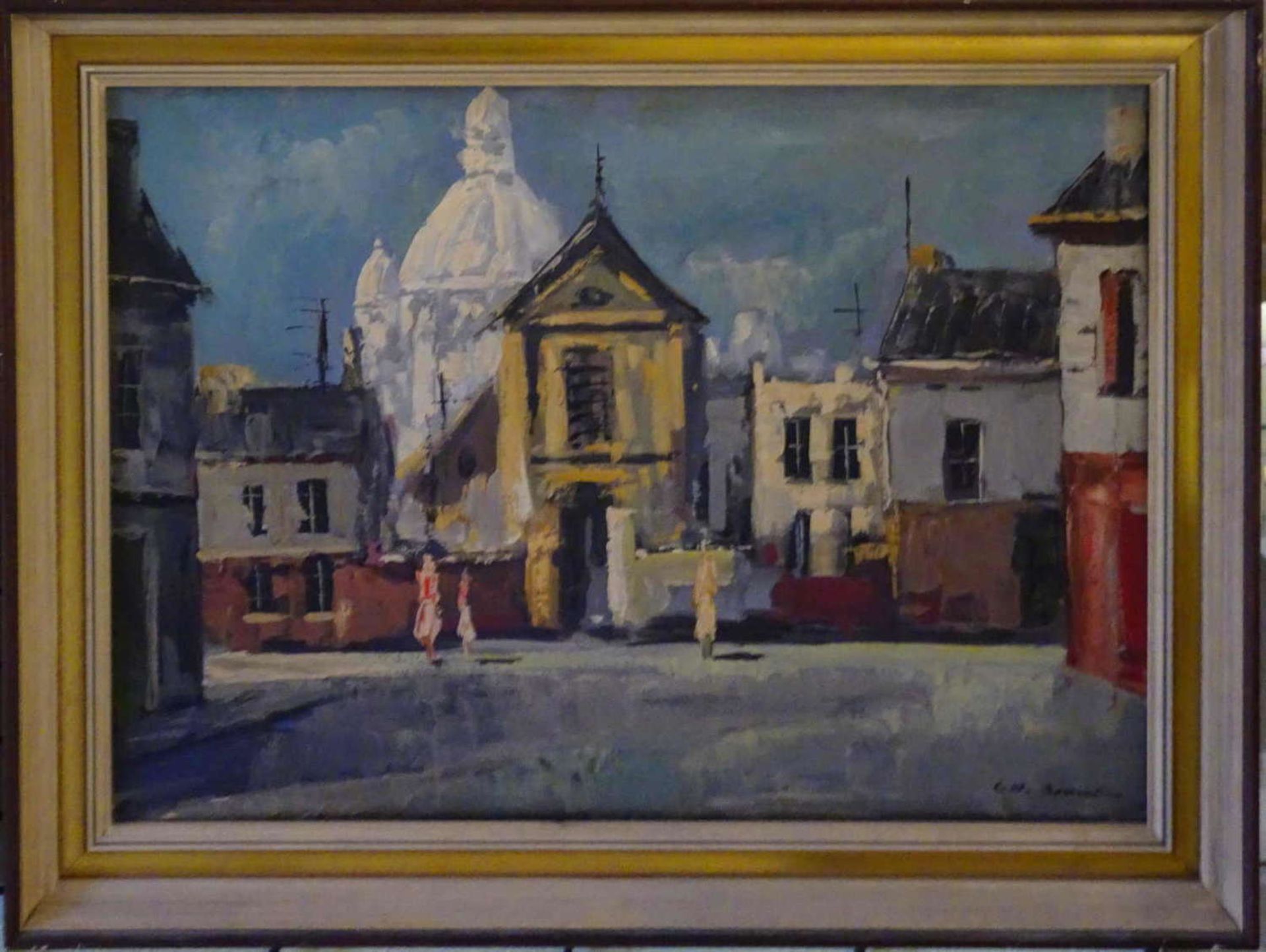 Charles Emil Brunner?, Ölgemälde auf Leinwand, "Häuserzeile mit Blick auf Kirche", rechts unten