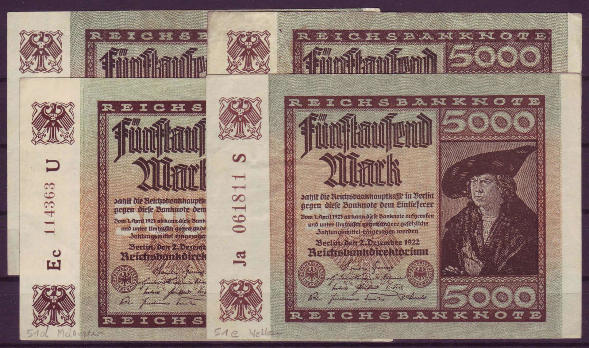 Weimarer Republik 1922, 4 x 5000.- Mark - Banknoten A, C, D und E. Katalog Nr Rosenberg: 80. Zustand