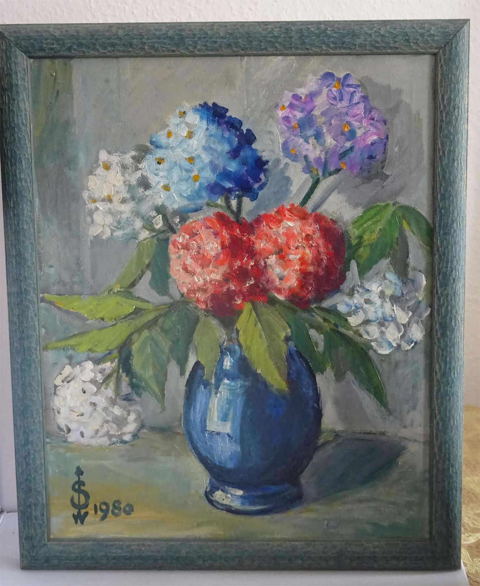 Ölgemälde "Blumenbouquet", links unten Signatur SW 1980. Innenmaße höhe ca. 50 cm, breite ca. 40