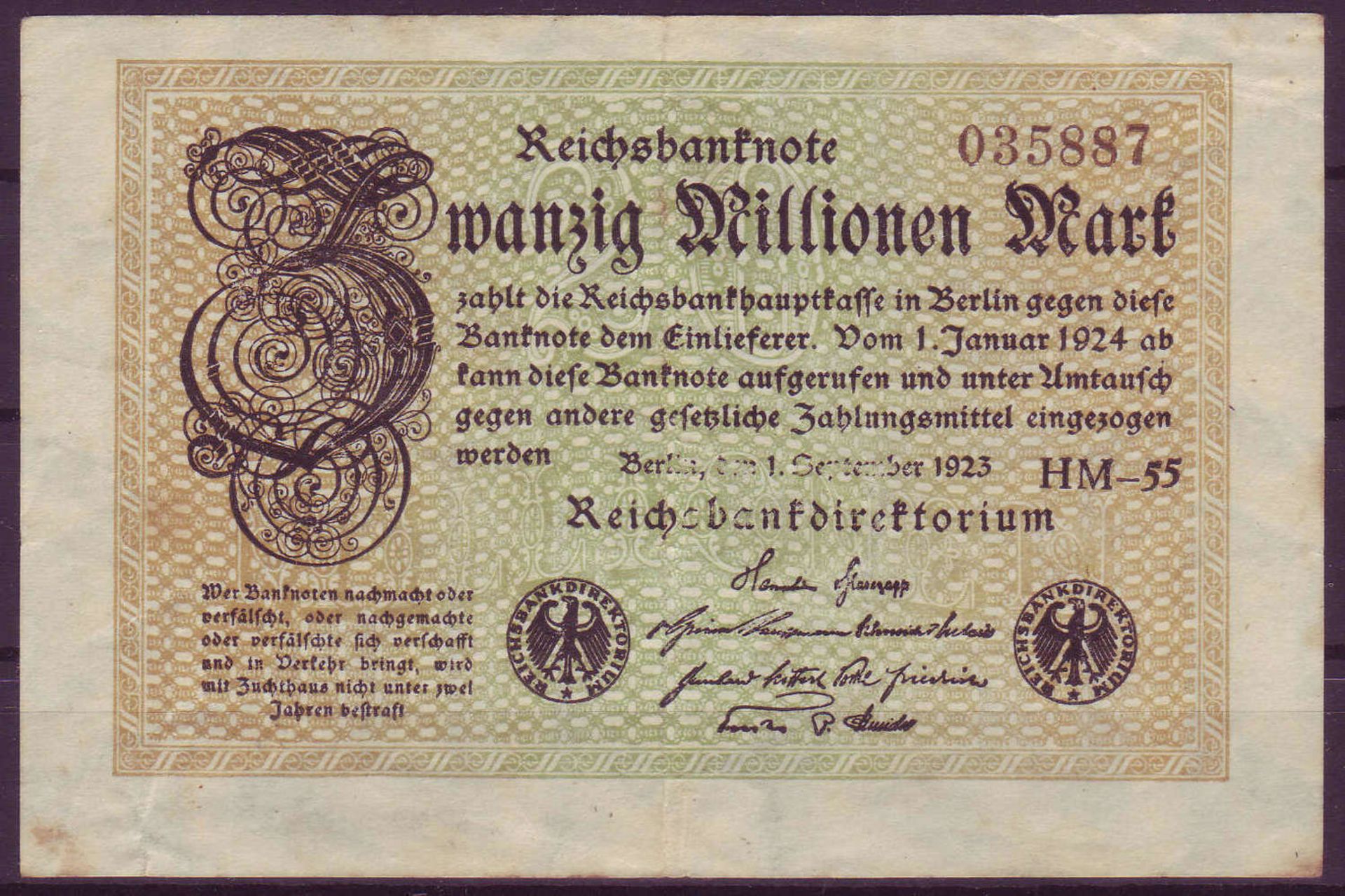 Weimarer Republik, Deutsche Reichsbank 1918 - 23. Zwanzig Millionen Mark. Rosenberg 107g. WZ