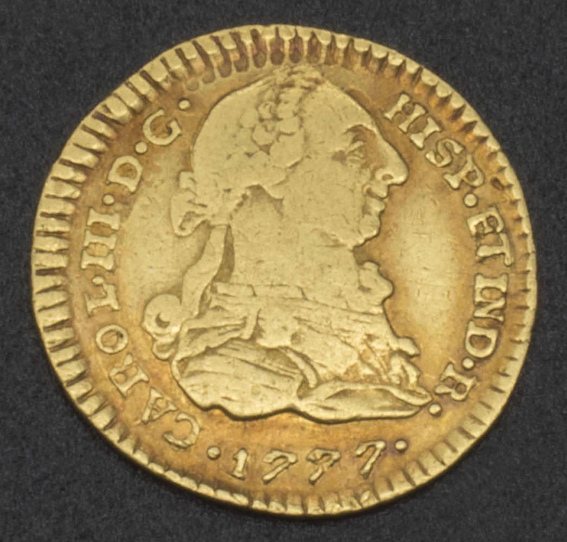 Goldmünze Kolumbien 1777 "Carlos III" 1777 PSF. Nr. KM 48.2. Zustand ss+vz. Gewicht ca. 3,34 g,