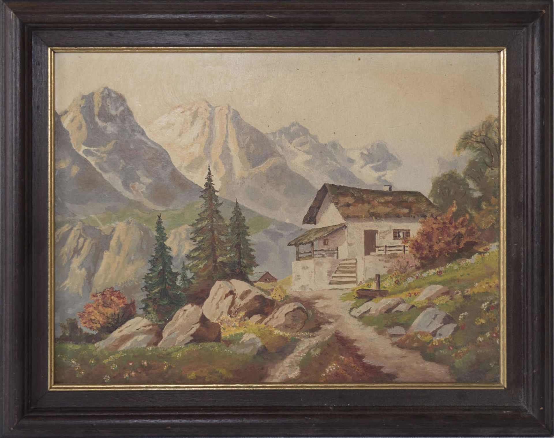 Unbekannter Künstler, Ölgemälde "Alpenlandschaft mit Schutzhütte". Öl auf Holz. Maße: ca. 48 cm x