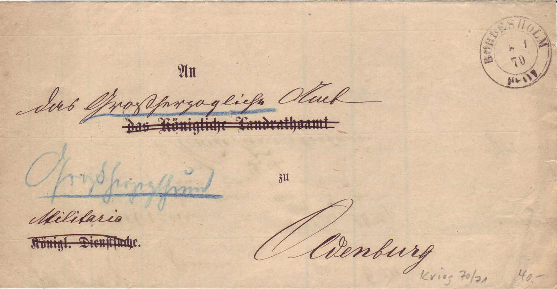 Altdeutschland Schleswig-Holstein 1870, Militaria - Brief von Bordesholm nach Oldenburg, bez.