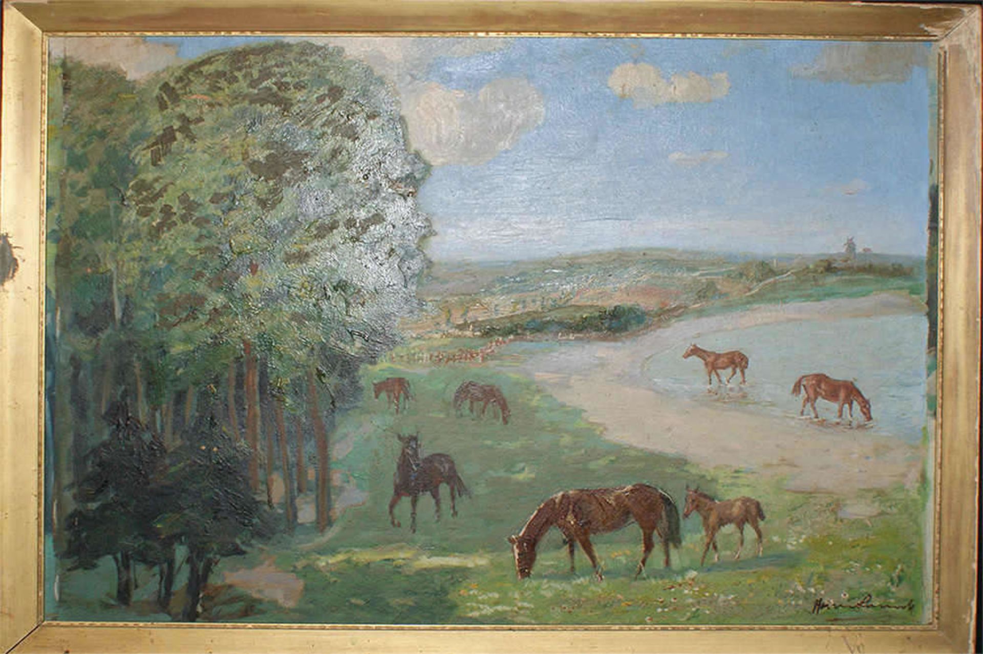 Hermann Sourell, geb. 1875 in Berlin, Ölgemälde auf Malkarton. "Pferde auf der Weide". Hinten Zettel