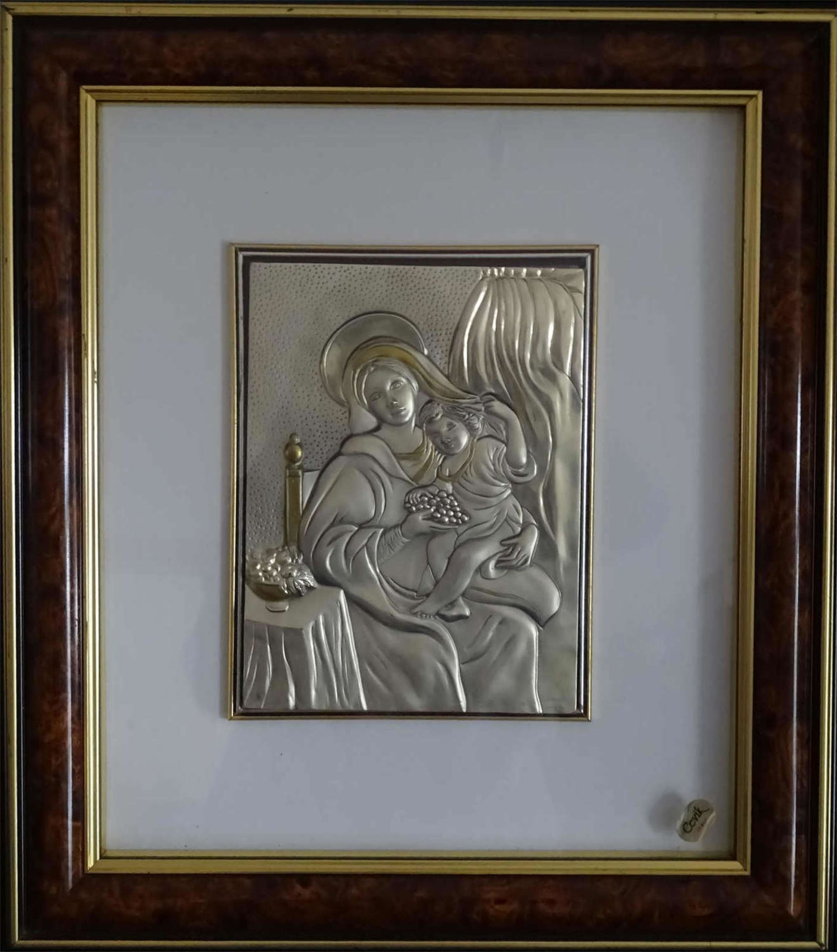 Silberblechbild "Maria mit Jesuskind", große Ausführung, 925er Punze. Chevik Italien, hinter Glas