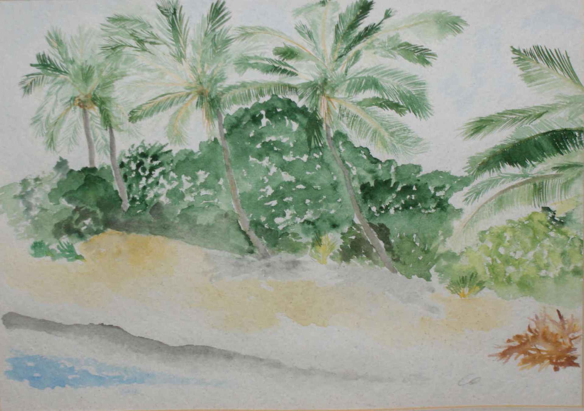 Aquarell hinter Glas gerahmt, "Küste mit Palmen", Monogrammist CO, Maße: ca. 45 cm breit, ca. 35 - Bild 2 aus 2