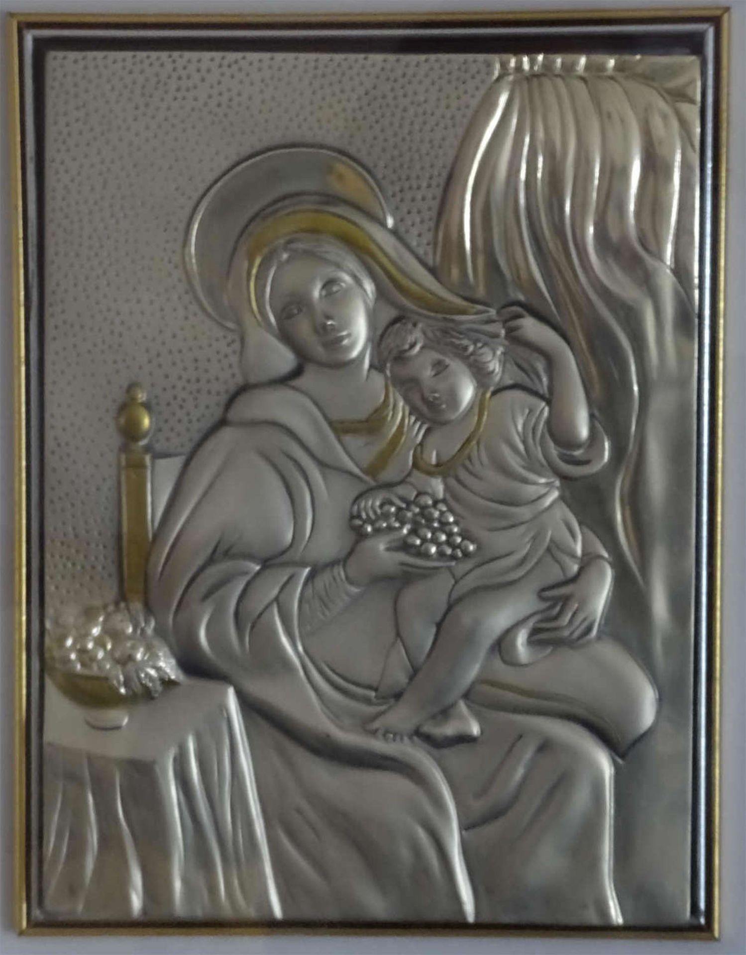 Silberblechbild "Maria mit Jesuskind", große Ausführung, 925er Punze. Chevik Italien, hinter Glas - Bild 2 aus 2